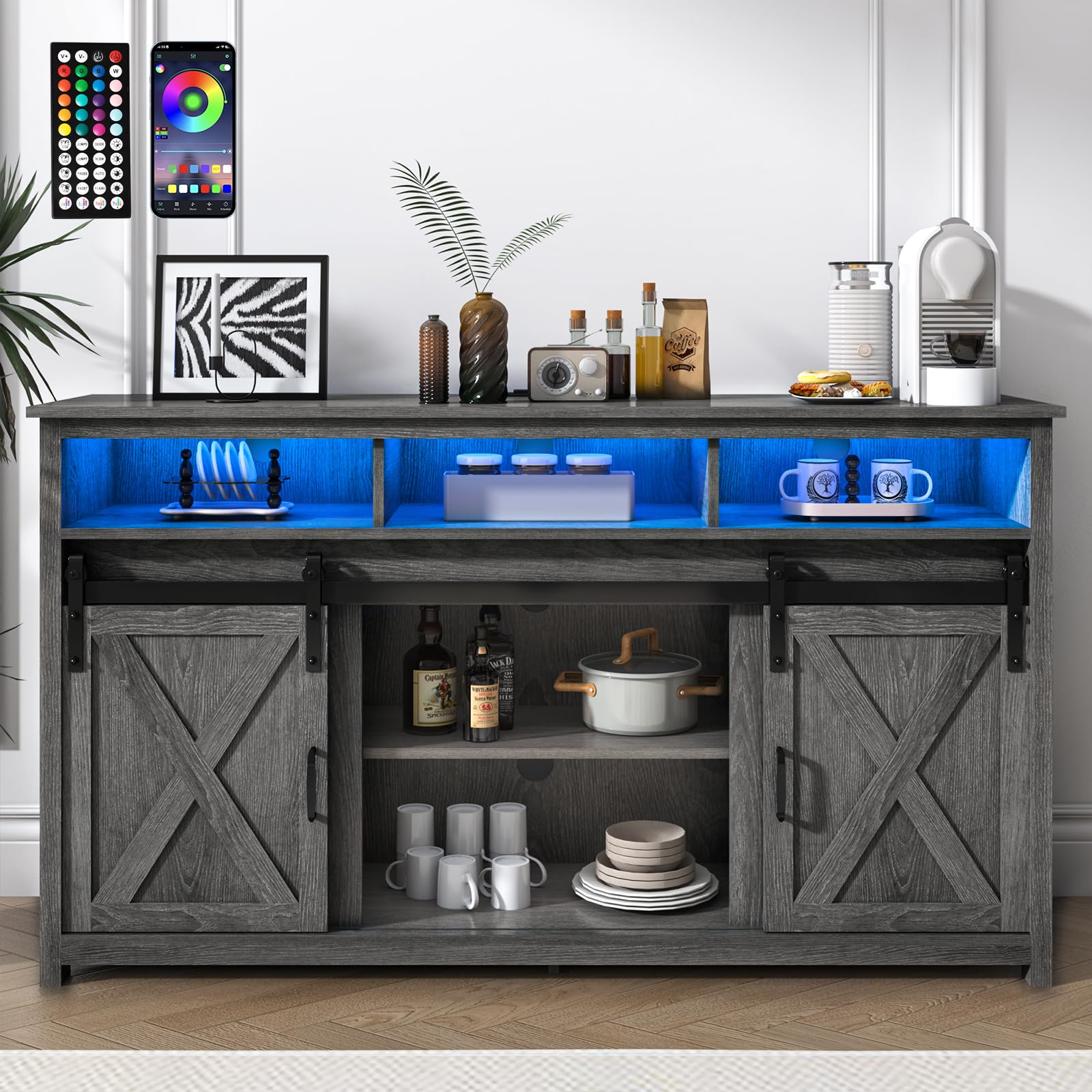 Farmhouse Coffee Bar Cabinet with Power Outlet - Rustic Sideboard Buffet Storage Cabinet with Shelves - Wooden Serving Table Cupboard for Dining Room & Living Room - Wash Grey Finish - Perfect for Coffee Stations, Home Bars & Kitchen Storage Organization