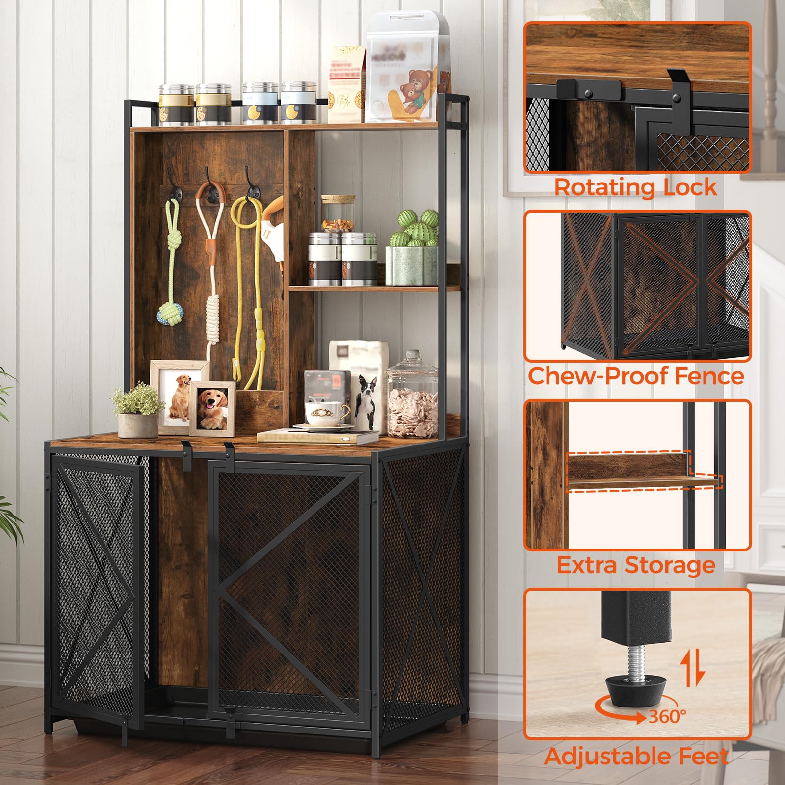 Heavy Duty Wooden Dog Crate Furniture with Storage Shelves & Leash Hooks - Rustic Brown Indoor Kennel for Small & Medium Dogs | Includes Removable Tray & Perfect for Living Room, Bedroom or Office Decor (DCHR12701)