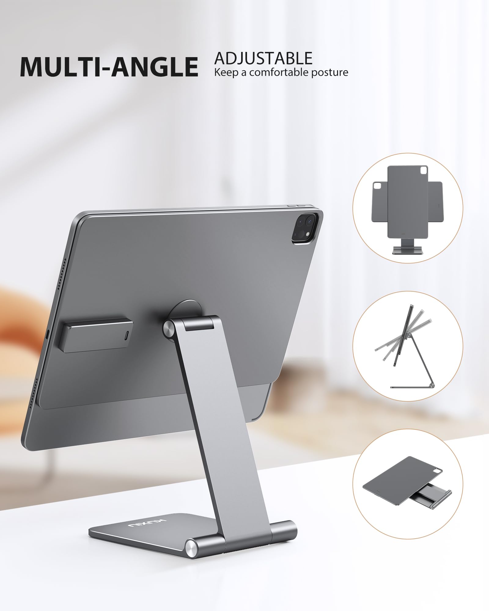 Magnetic Wireless Charging Stand for iPad Pro 13 M4 2024 - Aluminum Alloy Foldable Tablet Stand Holder with 360° Adjustable Angle & 1M USB-C Cable - Perfect for Home Office, Desk Work, Watching Videos & Hands-Free Charging