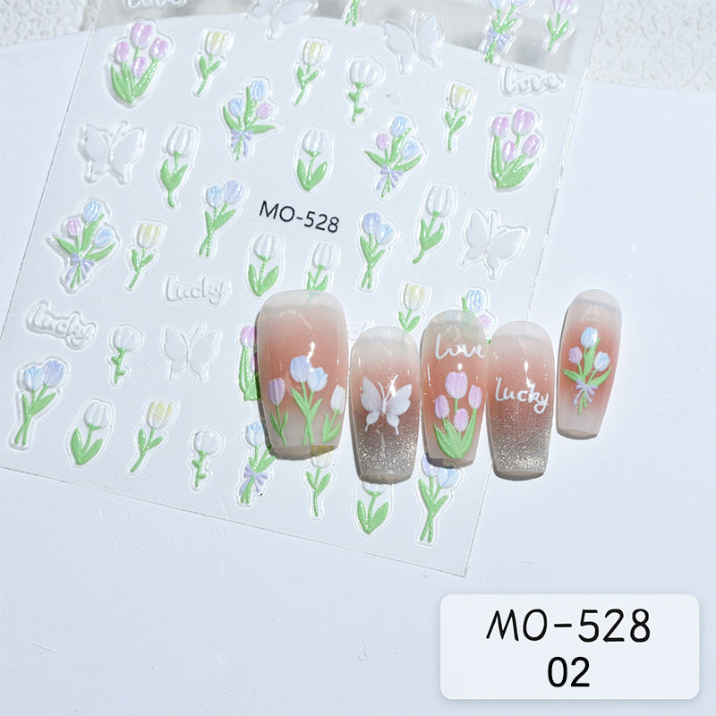 3D Spring Tulip Embossed Flower Jelly Nail Stickers - Set of 3 Designs (MO-527/528/529) for Gel Polish Manicure & Nail Art Decoration - Perfect for Spring Parties, Weddings and DIY Nail Salon