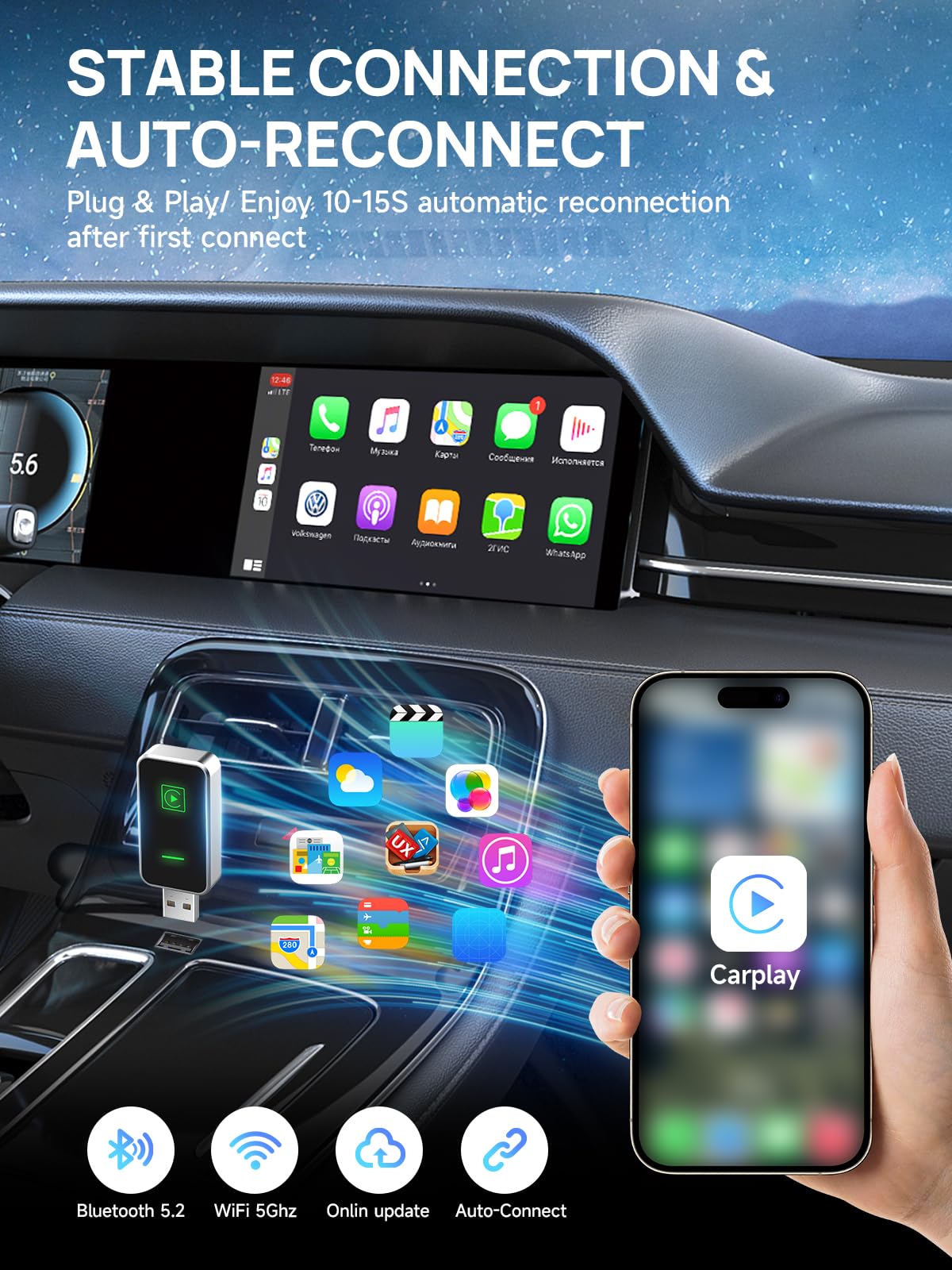 Moman Wireless CarPlay Adapter - Plug & Play CarPlay & Android Auto Converter for iPhone & Android (iOS 10+), USB-A/USB-C Compatible, Wireless CarPlay Adapter for 800+ Vehicles (2016+ Models) - Perfect for Commuting, Road Trips & Hands-Free Driving