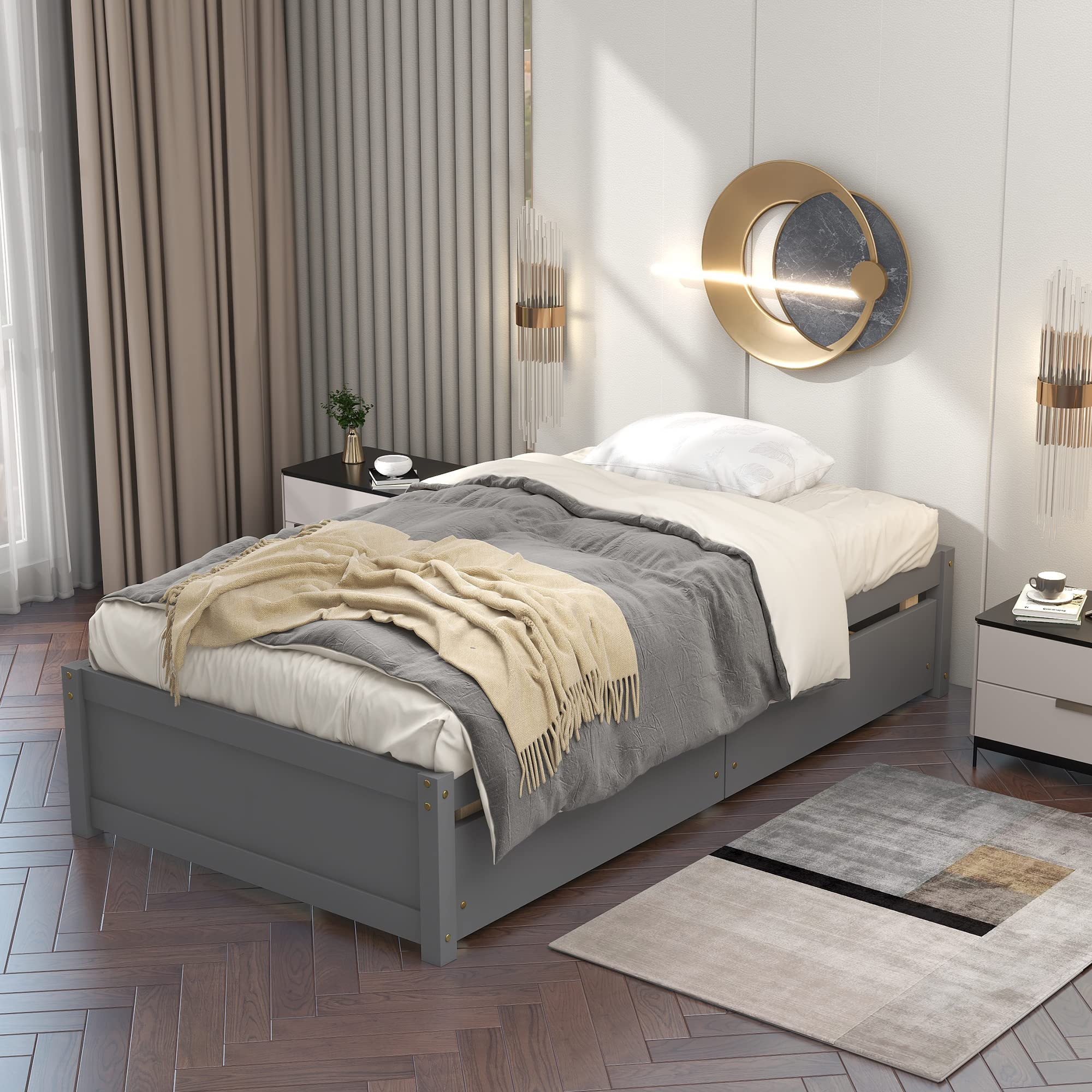 Polibi Solid Wood Twin Size Platform Bed with 2 Storage Drawers - No Box Spring Needed - Grey Wooden Bed Frame - Perfect for Small Bedrooms, Guest Rooms & Kids Rooms