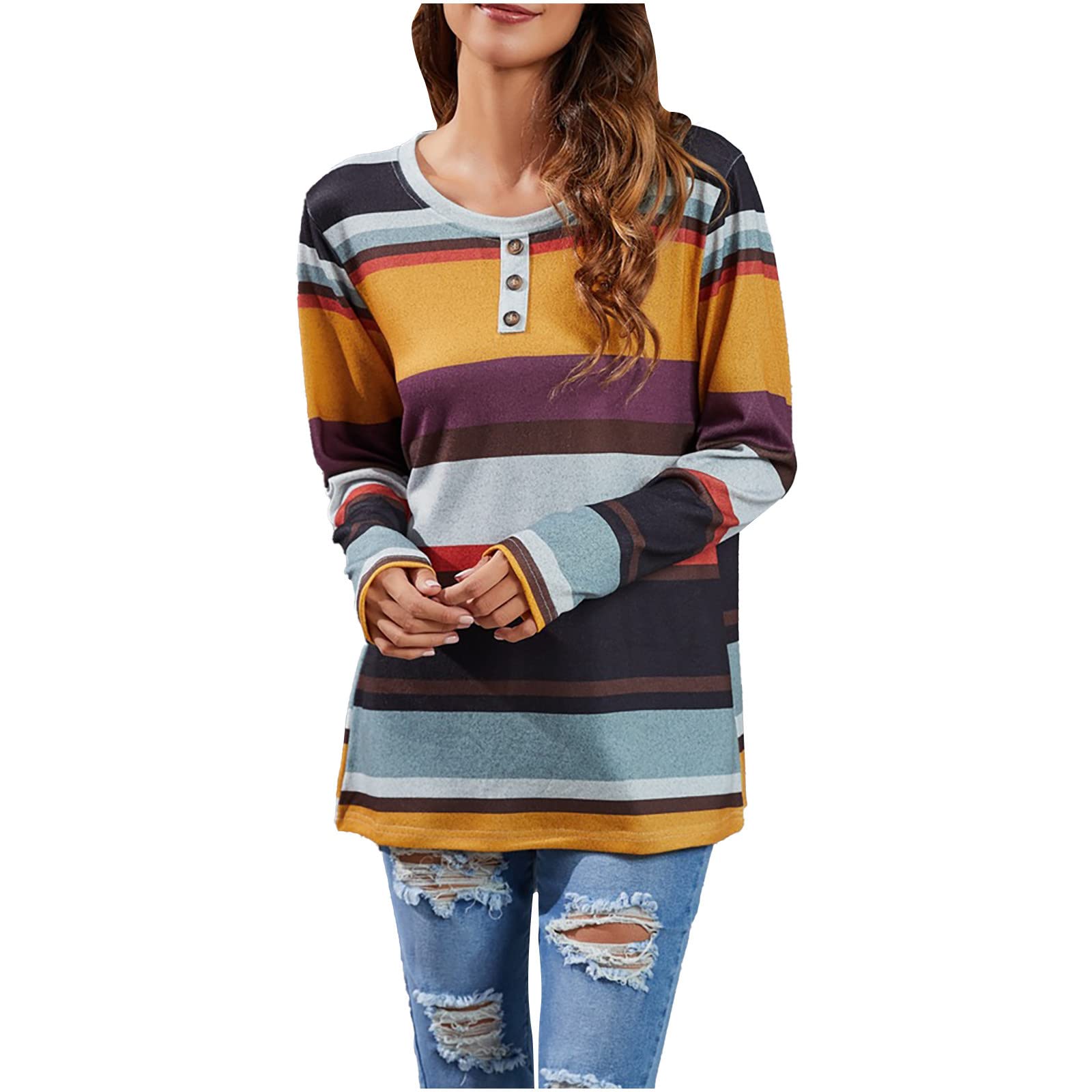 Posijego Women's Fall Winter Long Sleeve Sweatshirt - Striped Patchwork Casual Loose Fit Crewneck Pullover | Cozy Outfit for Work, Travel & Everyday Wear