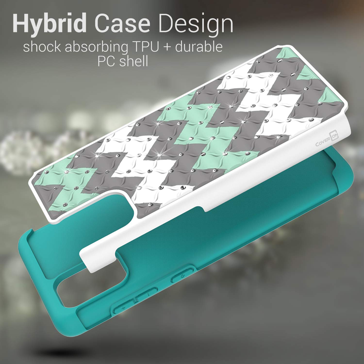 Sparkle Rhinestone Dual Layer Shockproof Case for Samsung Galaxy A71 - Bling Hybrid Protective Cover with Teal Chevron Design | Perfect for Parties, Night Out & Fashion Accessories