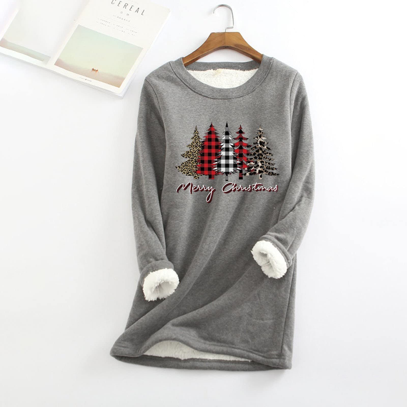 Women's Fleece Lined Thermal Long Sleeve Christmas Tree Graphic Pullover - Cozy Winter Sweater for Holiday Parties & Casual Outfits