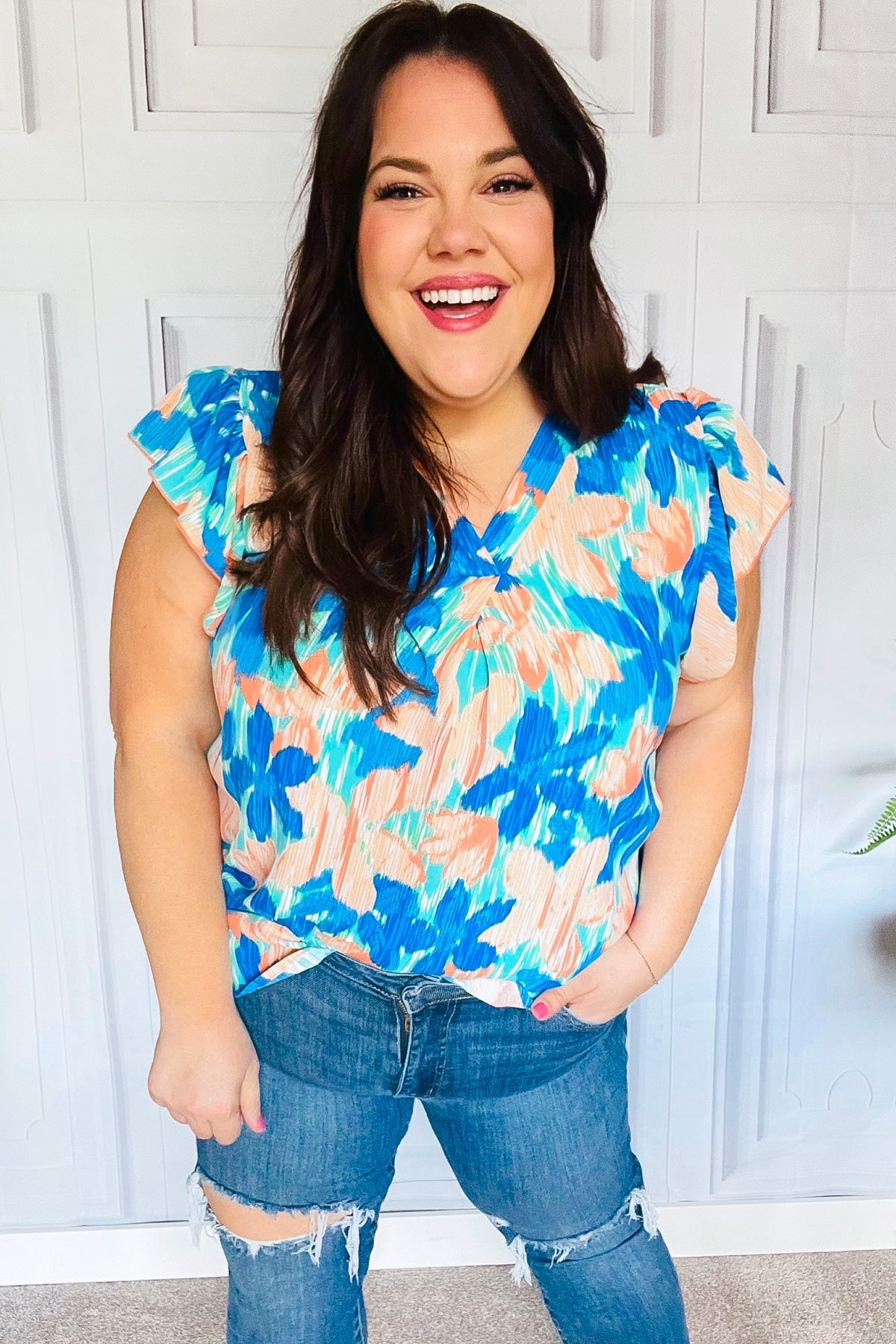 Haptics Tropical Breeze Turquoise Floral Banded V-Neck Flutter Sleeve Blouse for Women - Summer Beach Vacation & Boho Chic Outfit