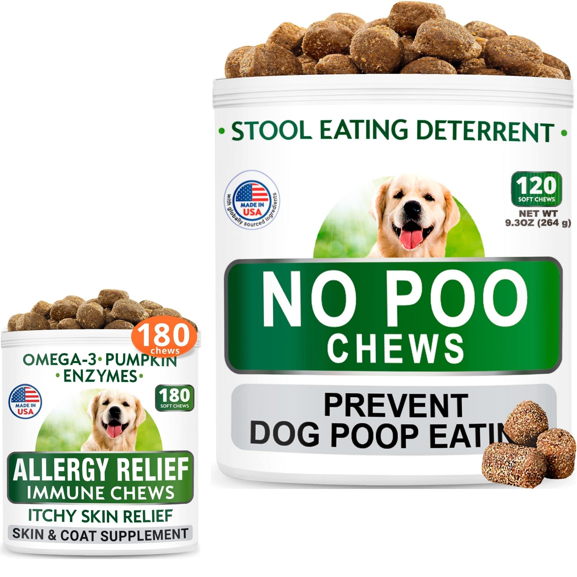 **NO Poo Treats & Allergy Relief Dog Treats Bundle - Stool Eating Deterrent & Itchy Skin Relief with Probiotics, Enzymes, Omega 3 & Pumpkin - Prevent Coprophagia & Soothe Hot Spots - 840 Chews for Digestive Health & Skin Care - Perfect for Dogs with Sensitive Stomachs & Allergies**    *(Use Cases: Ideal for pet owners seeking a natural solution to stop stool eating, relieve itching, and promote healthy digestion and skin for their dogs.)*