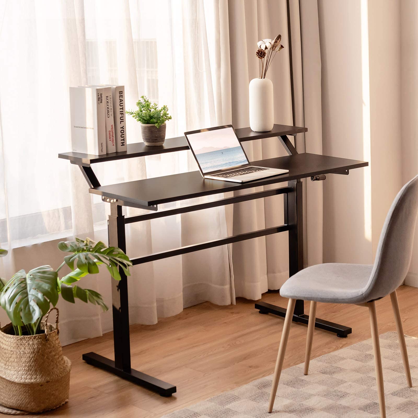 Tangkula 2-Tier Height Adjustable Standing Desk - Ergonomic Sit Stand Computer Workstation with Monitor Stand & Foldable Crank Handle, Black - Perfect for Home Office, Gaming Setup & Remote Work