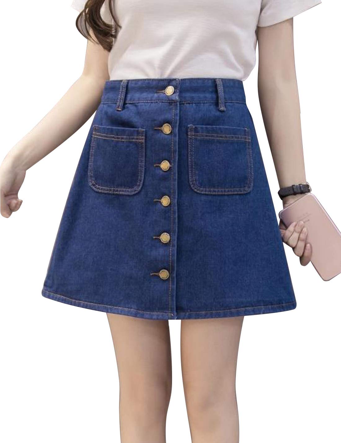 Omoone Women's High Waist Button Down Denim Mini Skirt - A-Line Stretch Jean Shorts for Summer Outfits, Casual Wear & Beach Vacations