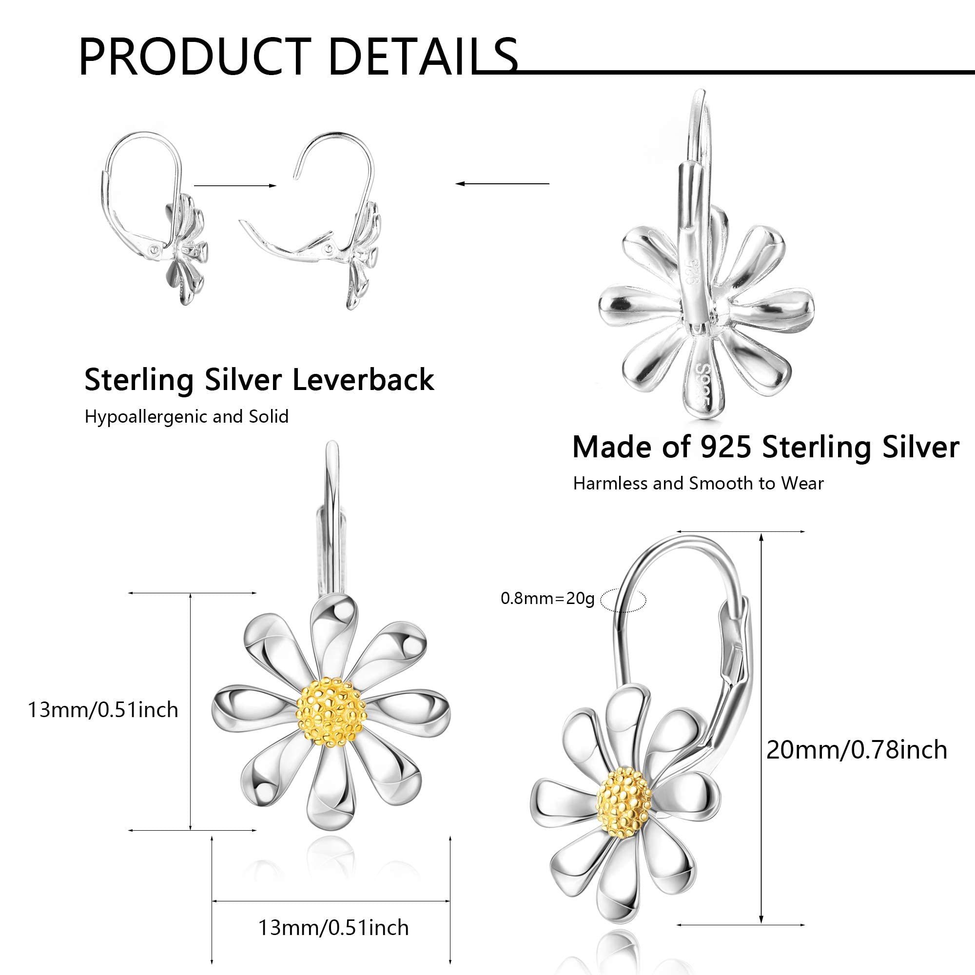KRFY Daisy Earrings - 925 Sterling Silver Flower Dangle Earrings with 18K White Gold Plating, Elegant Leverback Drop Earrings for Women | Perfect for Weddings, Parties & Everyday Wear