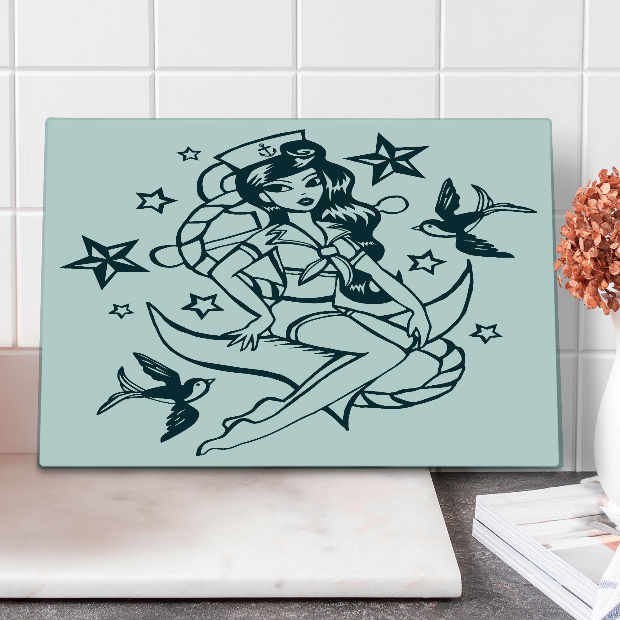 Ambesonne Anchor Themed Tempered Glass Cutting Board - Pin-up Girl Nautical Design with Swallow Birds & Stars - Large Decorative Serving Board for Kitchen & Dining - Teal & White Hand-Painted Artwork - Perfect for Entertaining, Cooking Prep & Home Decor