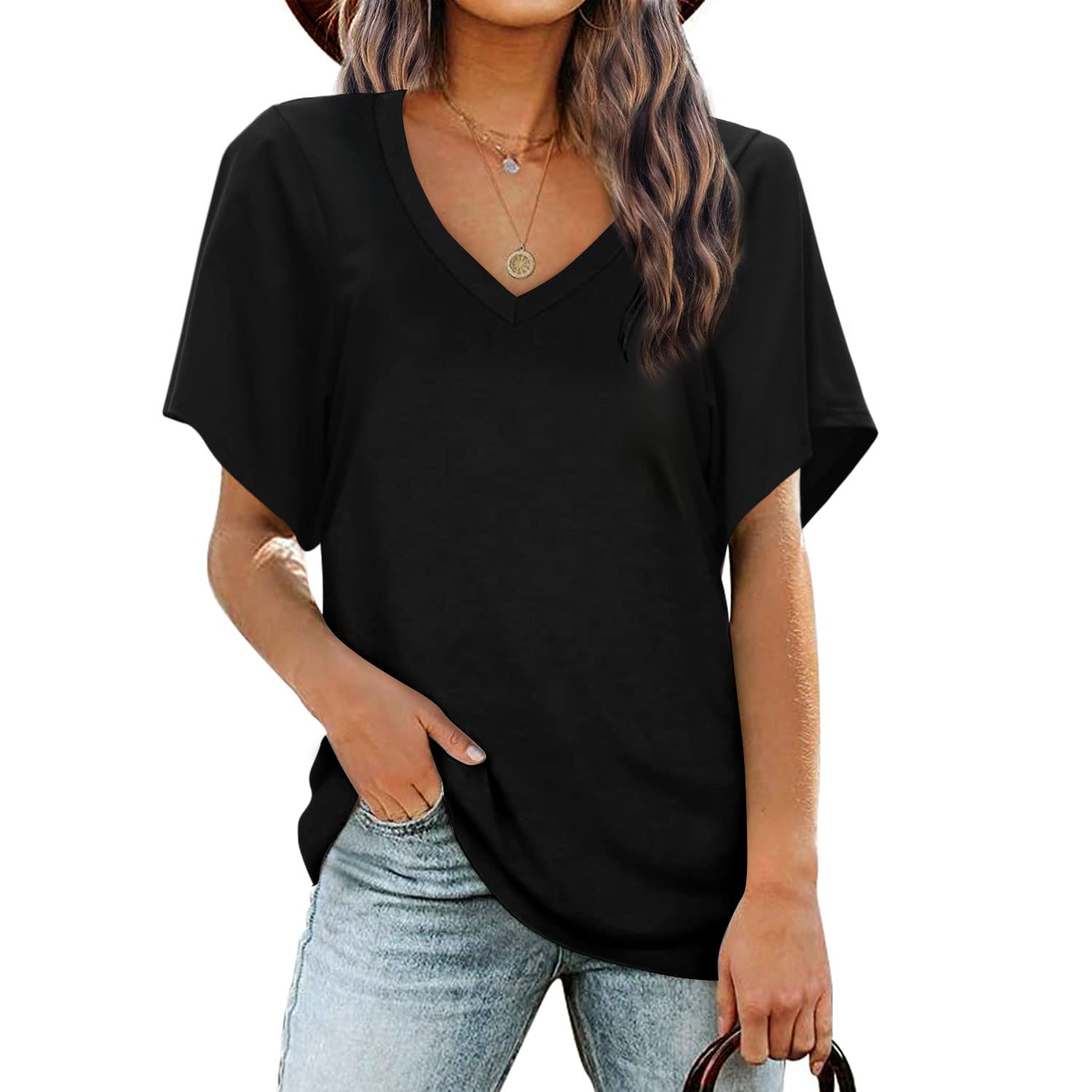 BESFLY Women's Summer V-Neck T-Shirt - Casual Puff Long Sleeve Blouse Tunic Top for Work, Date & Everyday Wear | Breathable & Comfortable