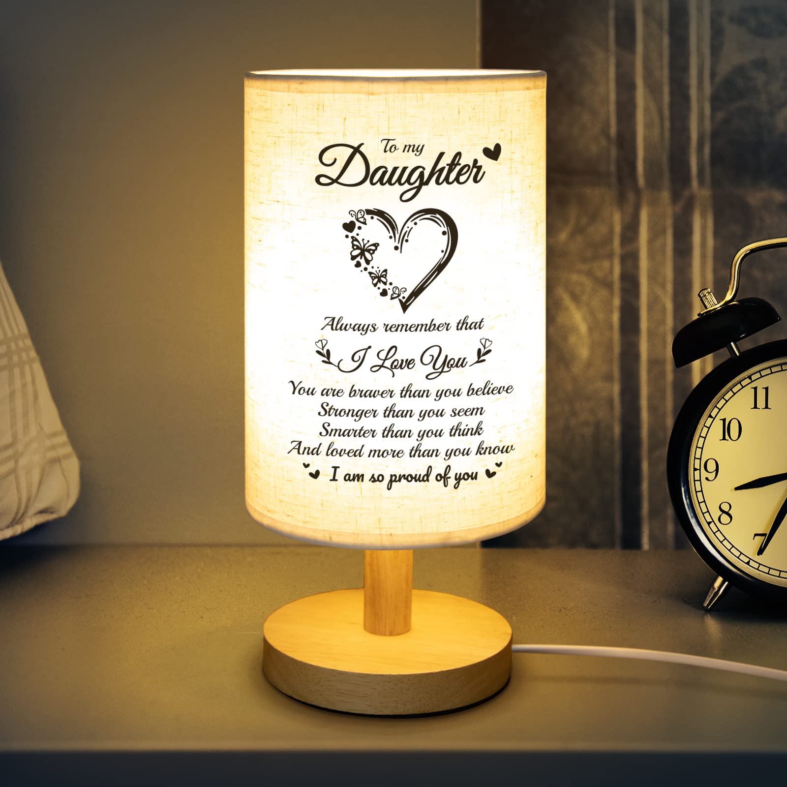 Personalized Daughter Gifts from Mom & Dad - Wooden Table Lamp with Fabric Shade | Perfect Birthday, Christmas & Graduation Gift for Bedroom, Living Room or Office Desk | Thoughtful Home Decor for Daughters