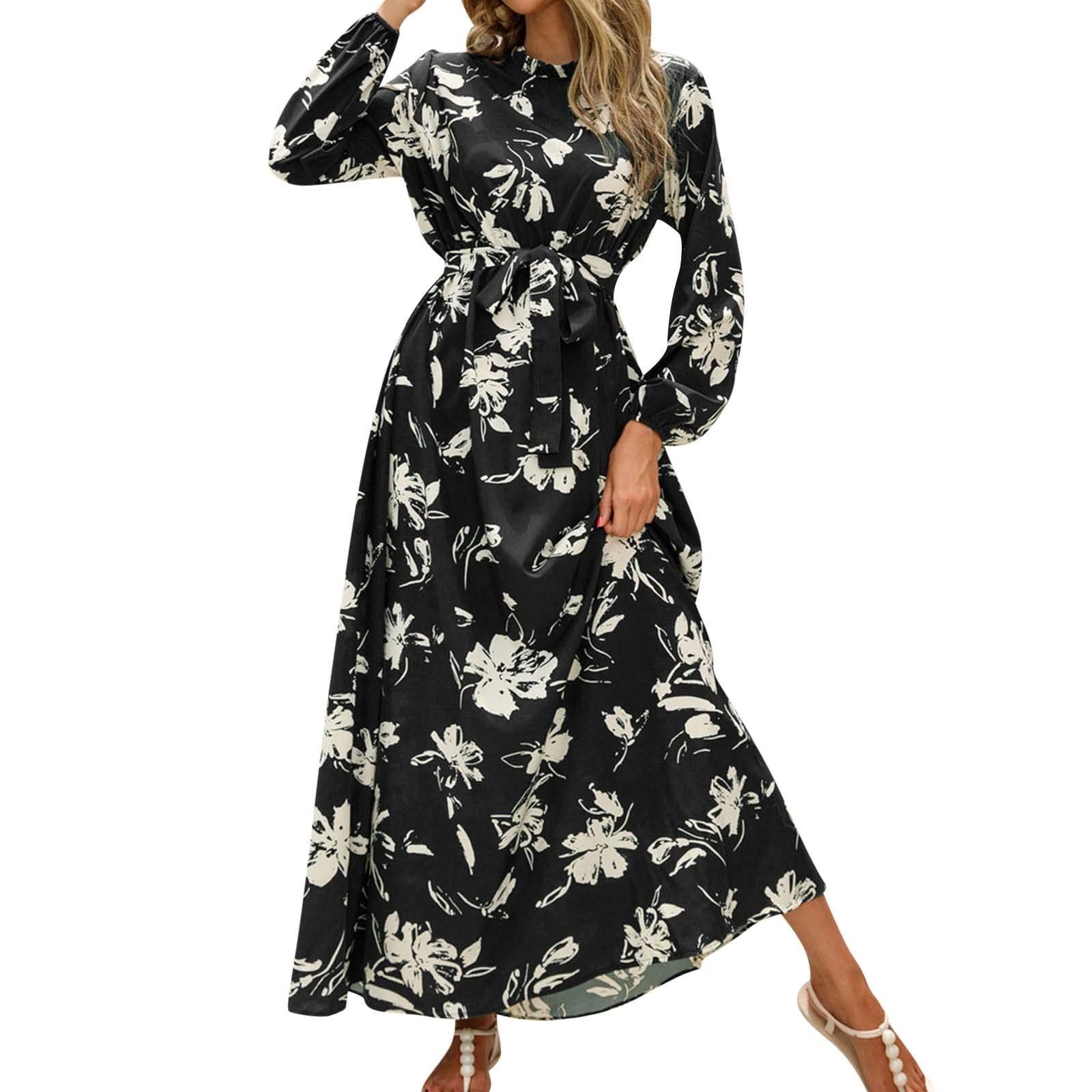 MLAGJSS Women's Elegant Casual Long Sleeve Dress with Stand Collar, Printed Flowy Maxi Dress with Belt & Puffy Sleeves - Perfect for Prom, Party & Everyday Wear