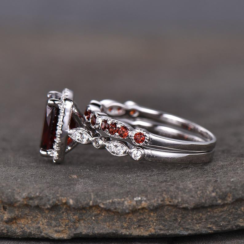 Exquisite Garnet Fancy Halo Diamond Engagement Ring with Side Stones - Bridal Wedding Set for Her - Perfect for Proposals, Anniversaries & Special Occasions