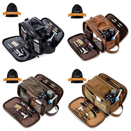 Elviros Men's Travel Toiletry Bag - Large Water-Resistant PU Leather Dopp Kit for Shaving & Bathroom Essentials (Black, Brown, Khaki, Dark Coffee) - Perfect for Business Trips, Gym, Camping & Vacation Organization