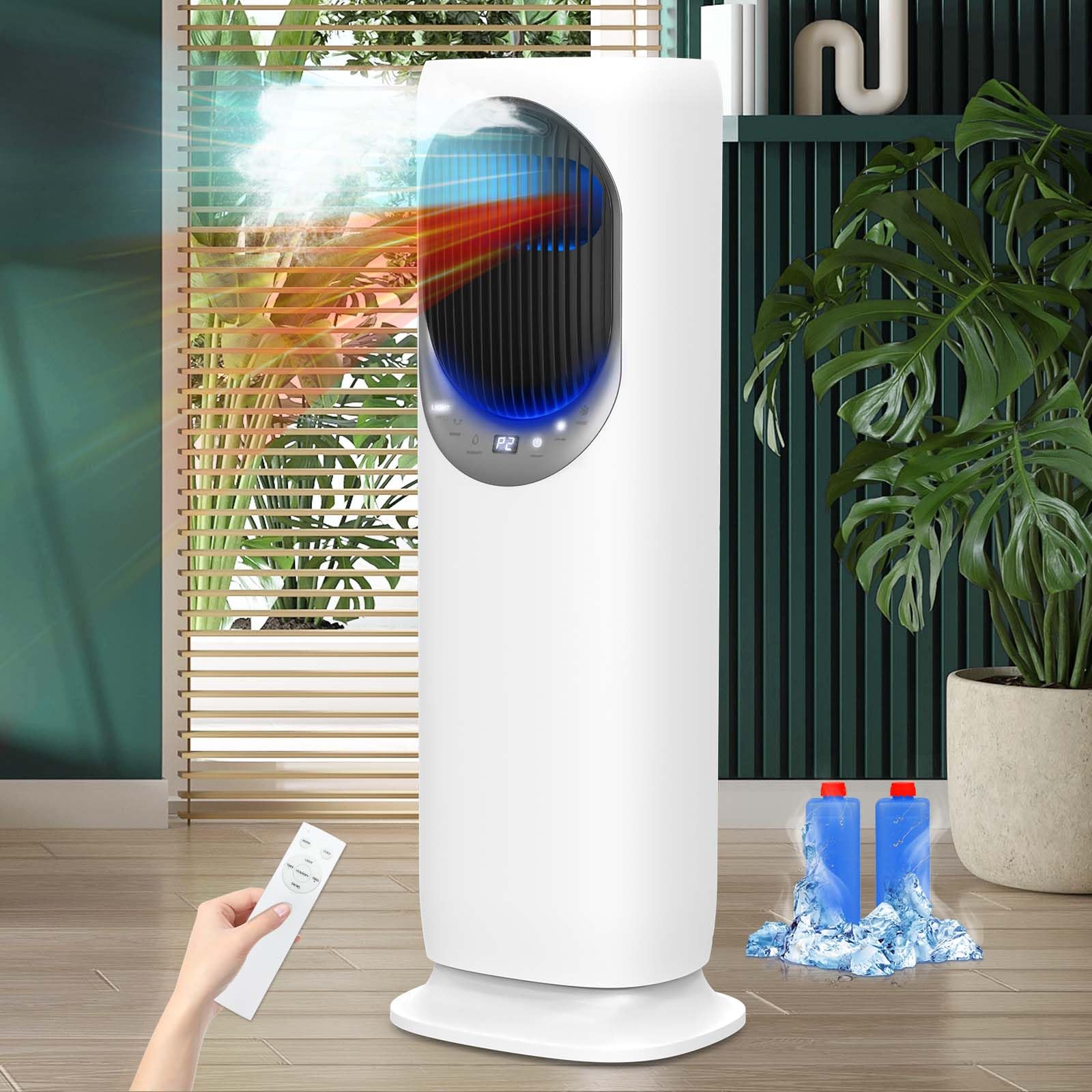 4-in-1 Evaporative Air Cooler & Heater Combo - 4L Water Tank, 120° Oscillating Tower Fan with Humidifier - Remote Control & 12H Timer - Includes 2 Ice Packs (Panel-Crescent Design) - Perfect for Bedroom, Living Room & Office Cooling