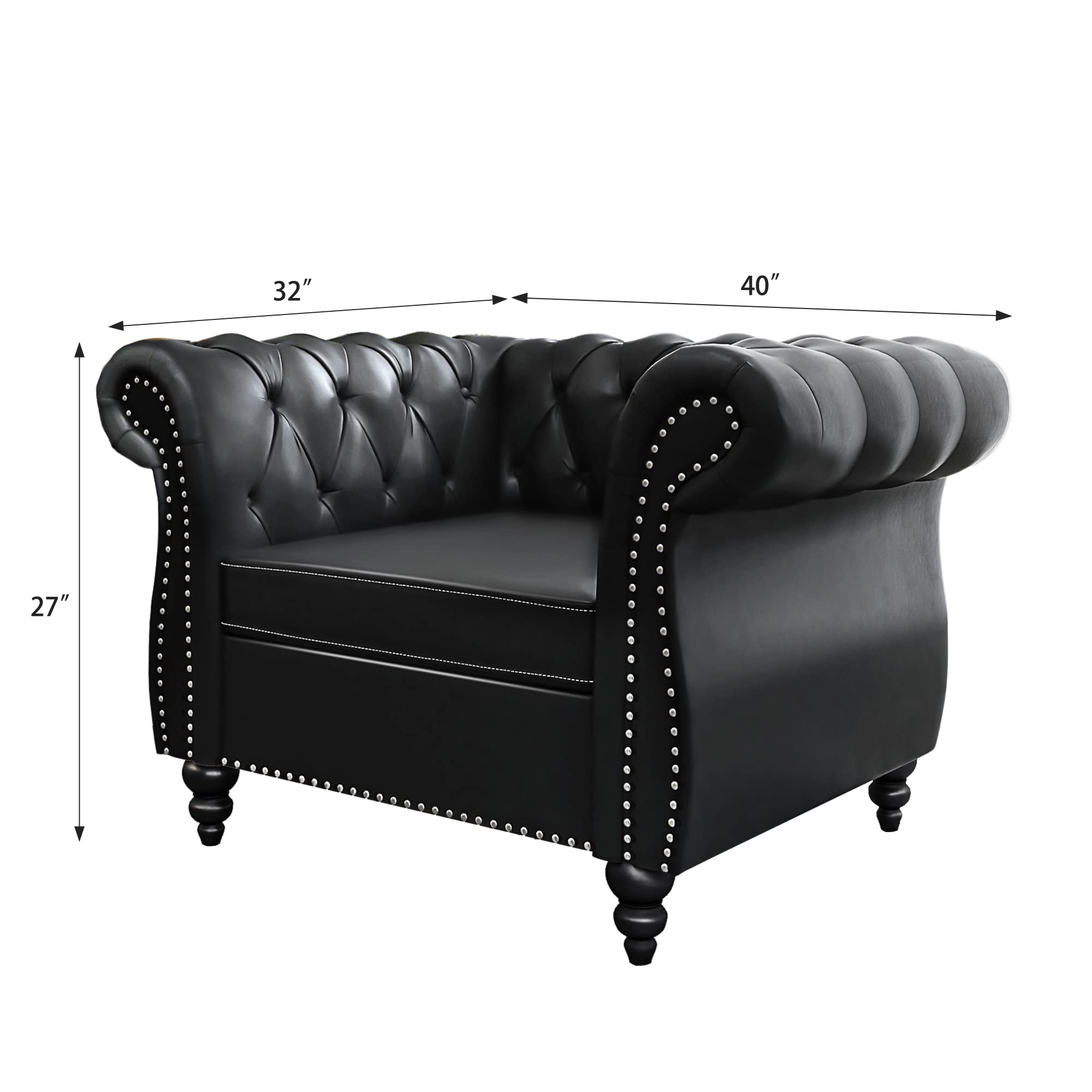 RARZOE Contemporary PU Chesterfield Chair - Faux Leather Club Chair with Button Tufted Design & Nailhead Trim - Scrolled Arm Accent Chair for Living Room, Bedroom, Office (Black) - Perfect for Home Decor, Reading Nook & Lounge Areas