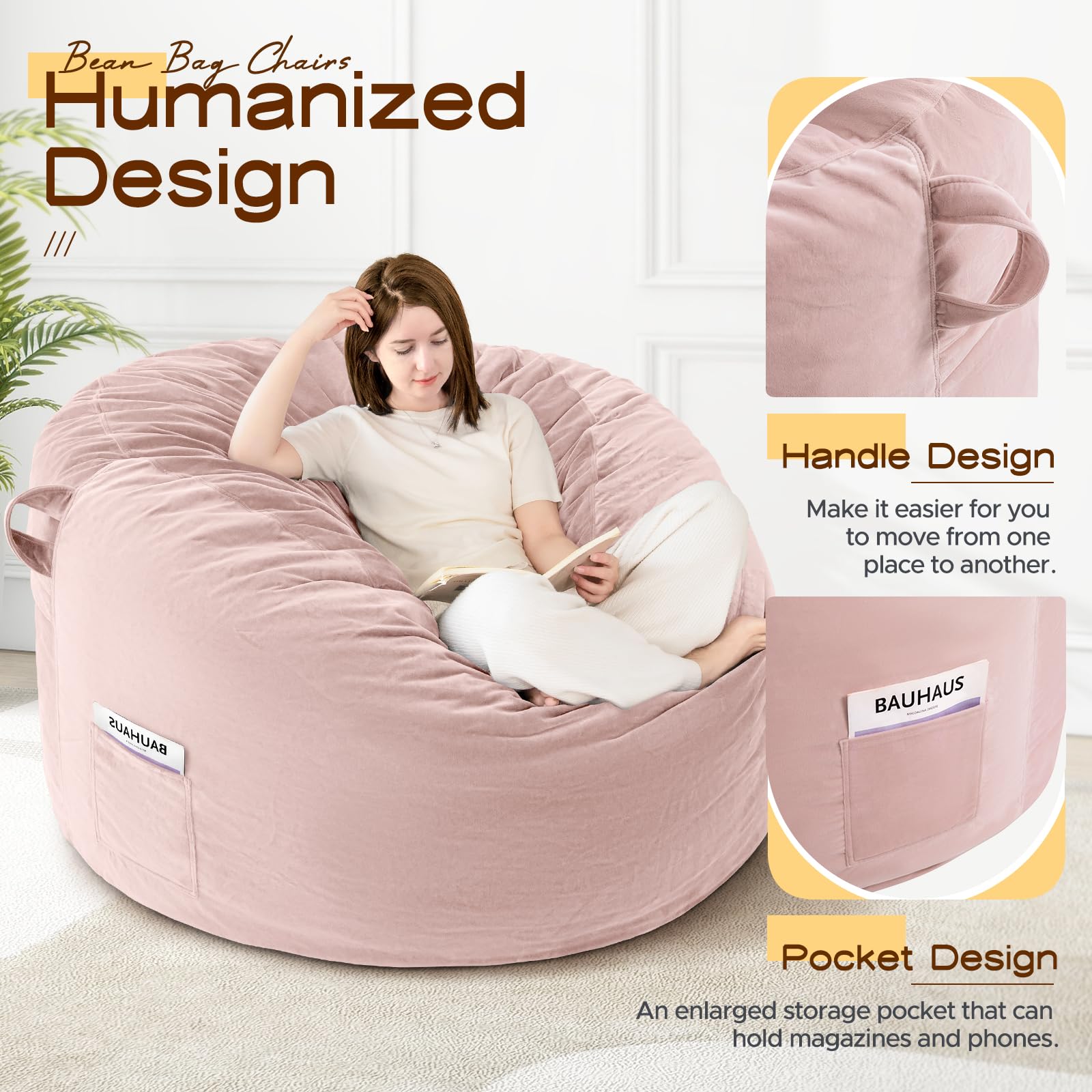 Premium Memory Foam Bean Bag Chair for Adults - 4FT Oversized Fluffy Lounge Chair with Filler Included (Pink) - Perfect for Living Room, Bedroom, College Dorm & Game Room Relaxation