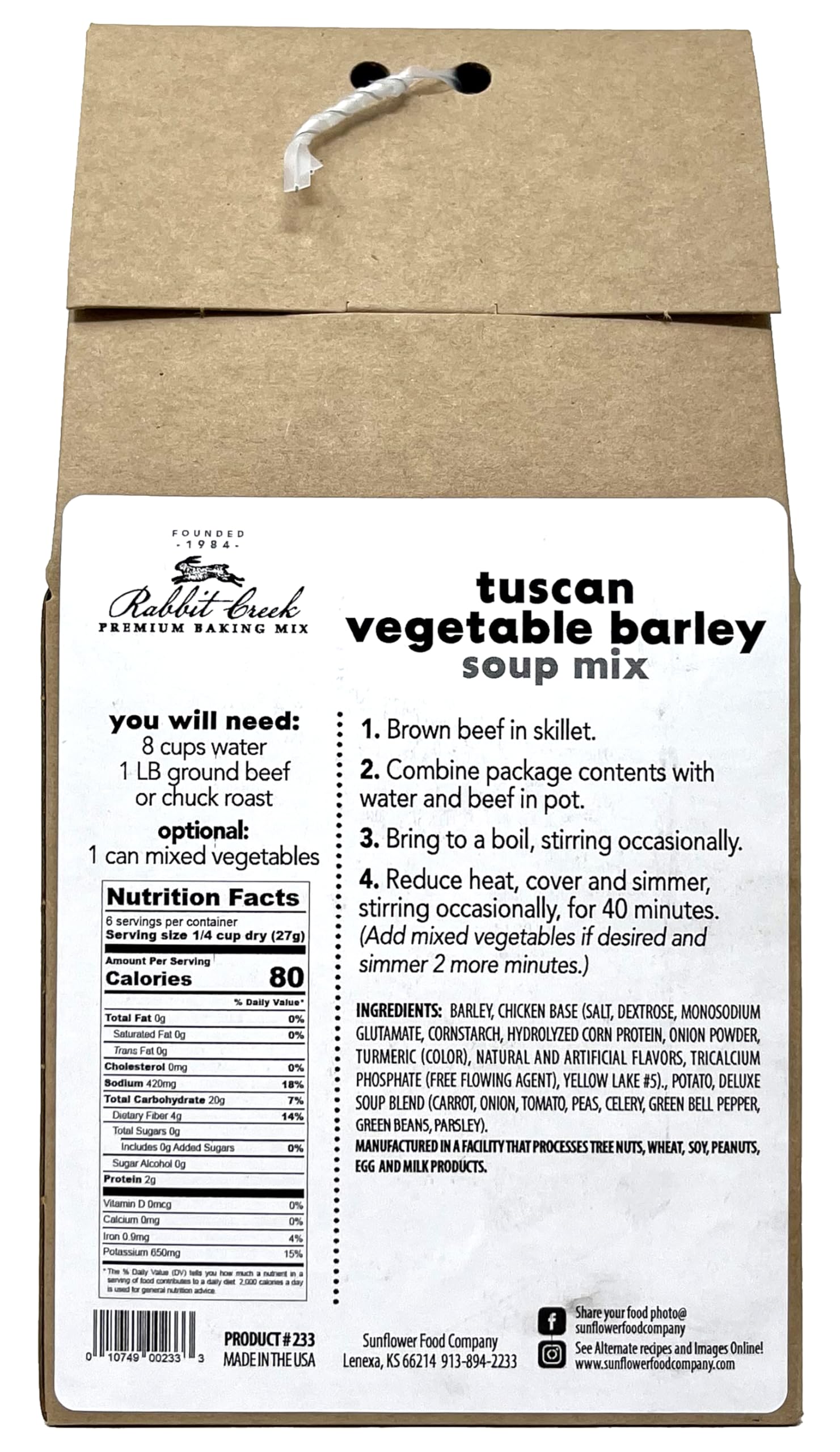 Rabbit Creek Hearty Tuscan Barley Soup Mix with Chicken Base - Easy Homemade Soup for Quick Meals, Family Dinners & Cozy Winter Nights
