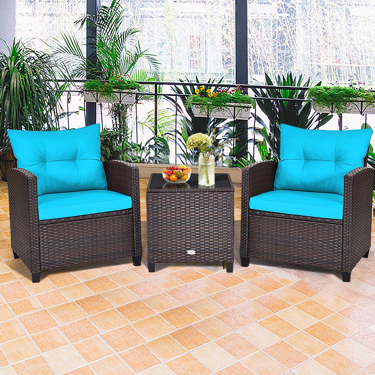 HappyGrill 3-Piece Outdoor Patio Furniture Set - Rattan Wicker Bistro Sofa with Cushions & Coffee Table - Perfect for Garden, Balcony, and Backyard Relaxation