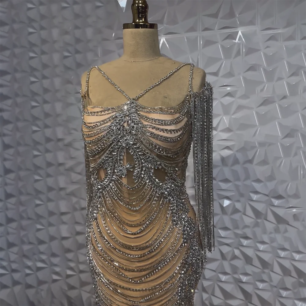 Luxury Crystal Tassel Evening Dress for Women - Dubai Caramel Wedding Prom Gown with Spaghetti Straps | Formal Party Dress LA72468 | Perfect for Weddings, Galas & Special Occasions