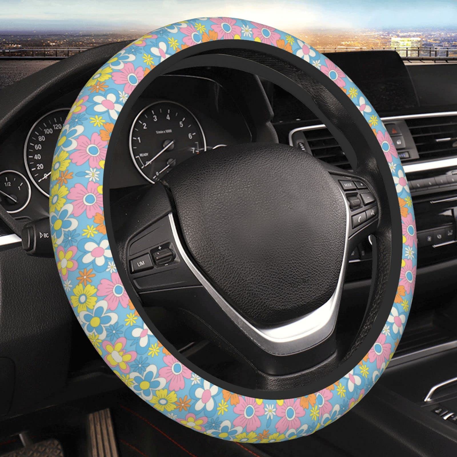 Vintage Floral Steering Wheel Cover - Universal 15 Inch Non-Slip Car Accessory for Women & Men - Perfect for Summer Driving, Road Trips & Gift Giving