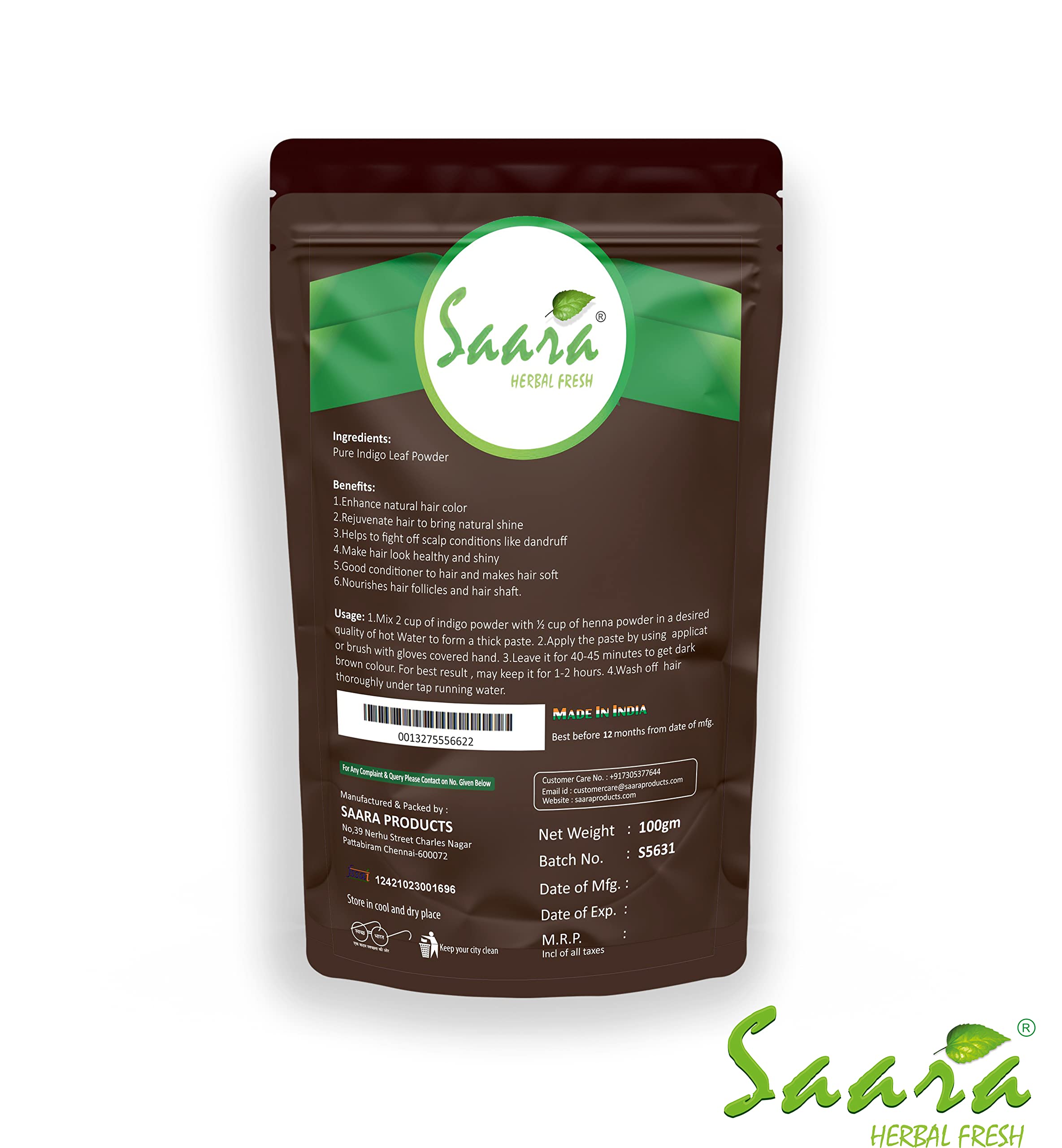 Organic SAARA Indigo Powder for Natural Hair Black Color (800g) - 100% Pure Avuri Leaf Powder, Neela Amari, Neel Patti | Hair Dye & Henna Mix for Gray Coverage & Conditioning | Pack of 8 x 100g in Premium Aluminum Foil Packaging