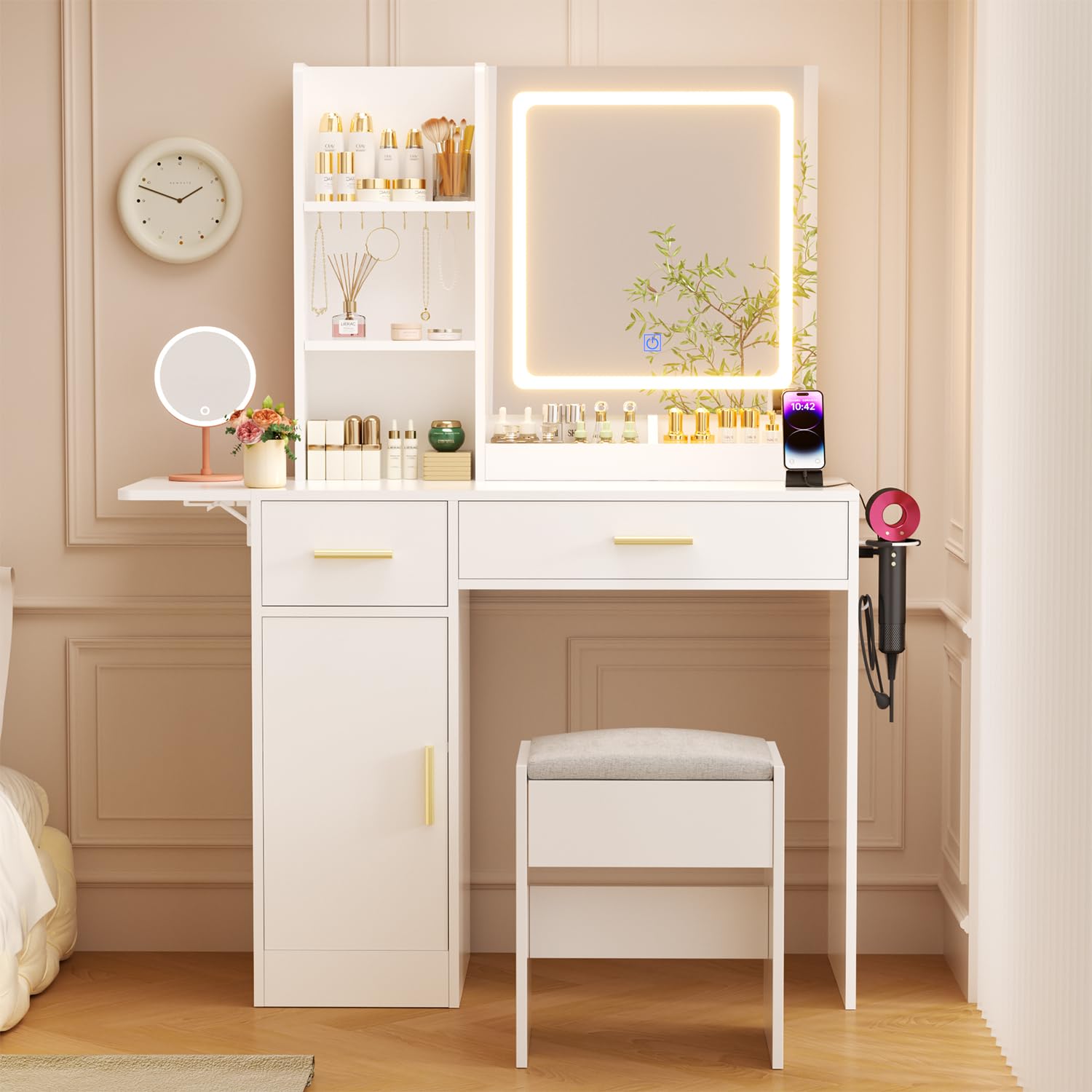 Vanity Desk with Mirror and LED Lights - 35.43