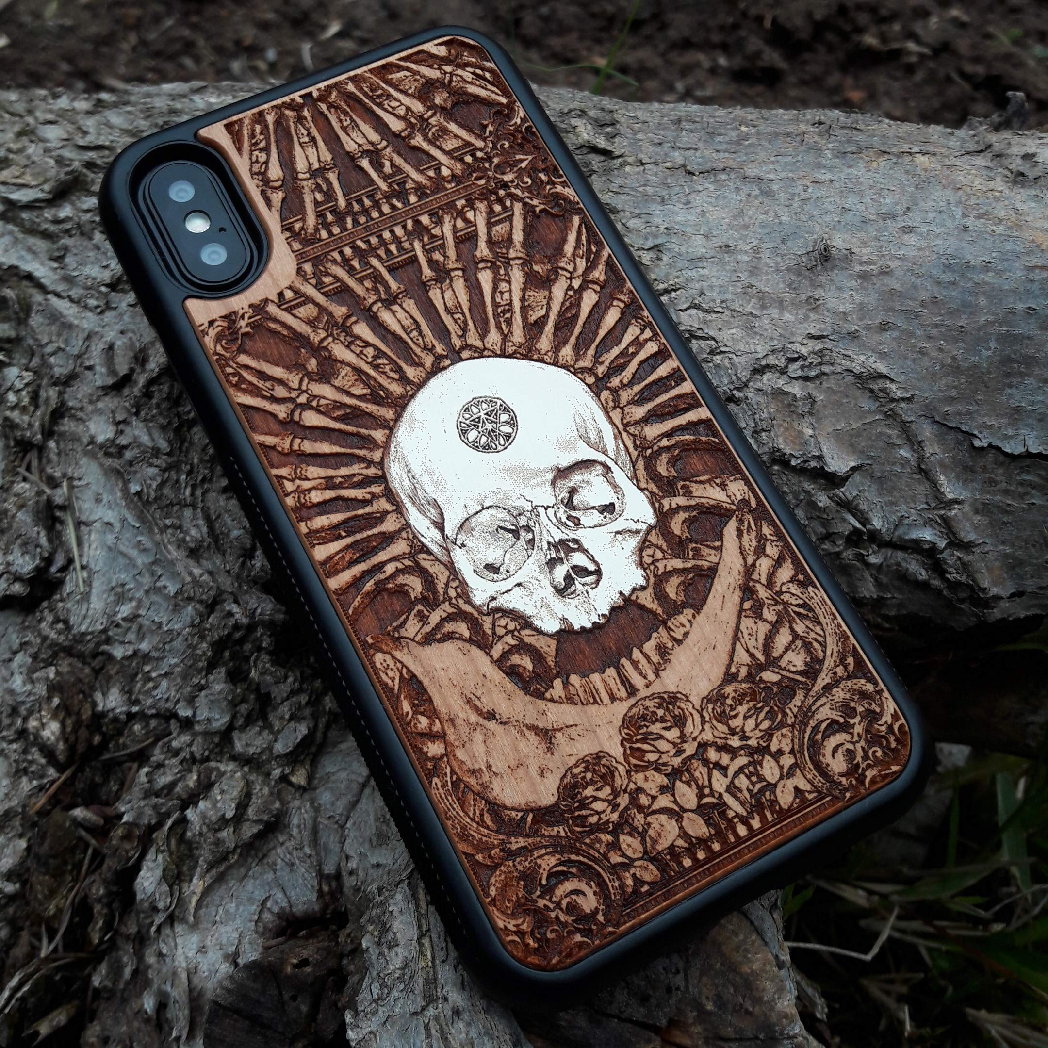 Hand-Painted Human Skull & Bones Laser Engraved Wooden Phone Case for iPhone 16/15/14/13/12/11 Pro Max/Mini & Galaxy S25/S24/S23/S22/S21/S20 Ultra Plus - Eco-Friendly Slim Durable Wood Cover - Perfect for Gothic Style, Halloween, Rock Music Fans & Unique Gift Giving
