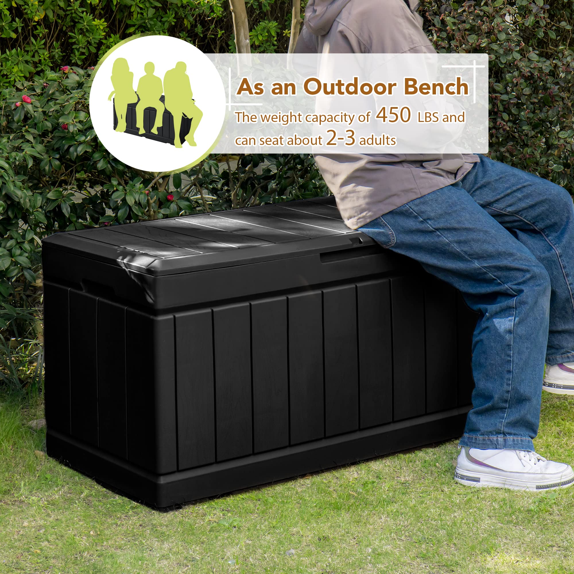 GUNJI 83 Gallon Outdoor Storage Box - Waterproof Large Resin Deck Box with Lockable Lid, Patio Storage Bench for Cushions, Garden Tools & Pool Accessories (Black) - Perfect for Backyard, Poolside & Garden Organization