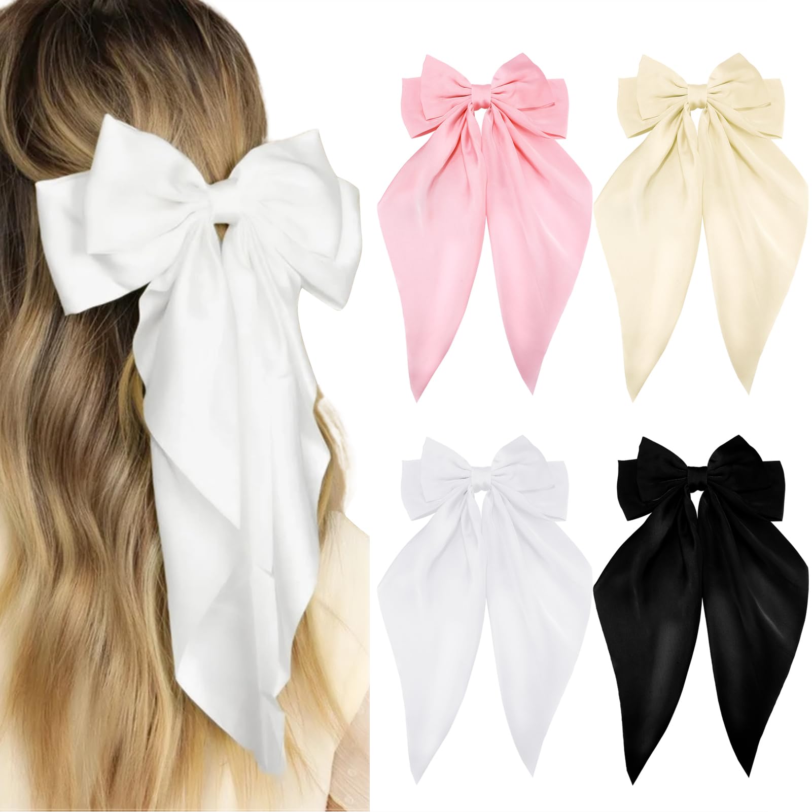 4Pcs Elegant Satin Hair Bows for Women - Large Black & White Pink Hair Clips with Long Tails - Cute Bowknot Barrettes for Girls & Adults | Perfect for Weddings, Parties, Daily Styling & Aesthetic Hair Accessories