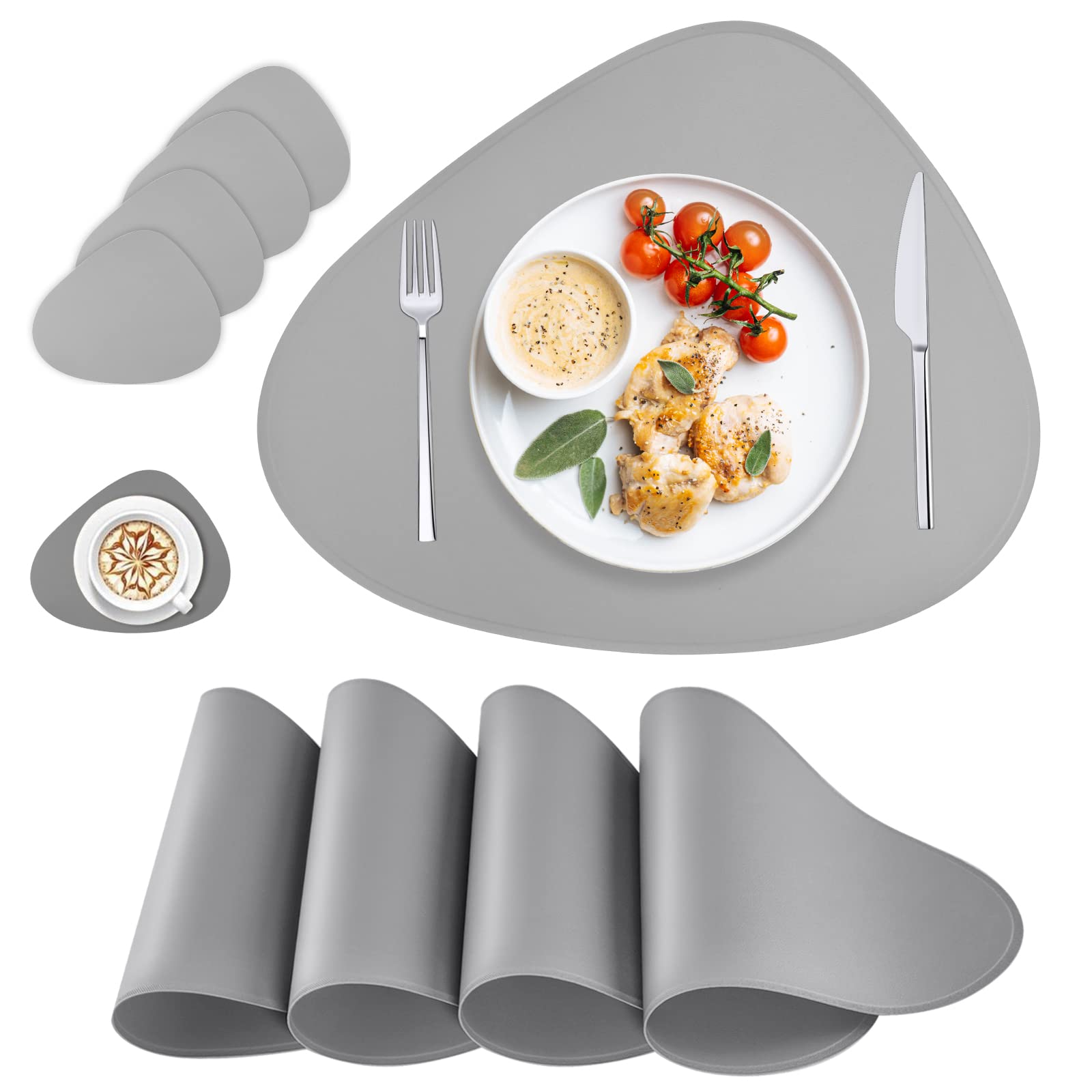 Premium Faux Leather Placemats Set of 4 - Heat Resistant, Wipeable & Washable Oval Table Mats for Kitchen Dining - Modern Light Grey Placemats for Round Tables - Perfect for Everyday Meals, Dinner Parties & Home Decor