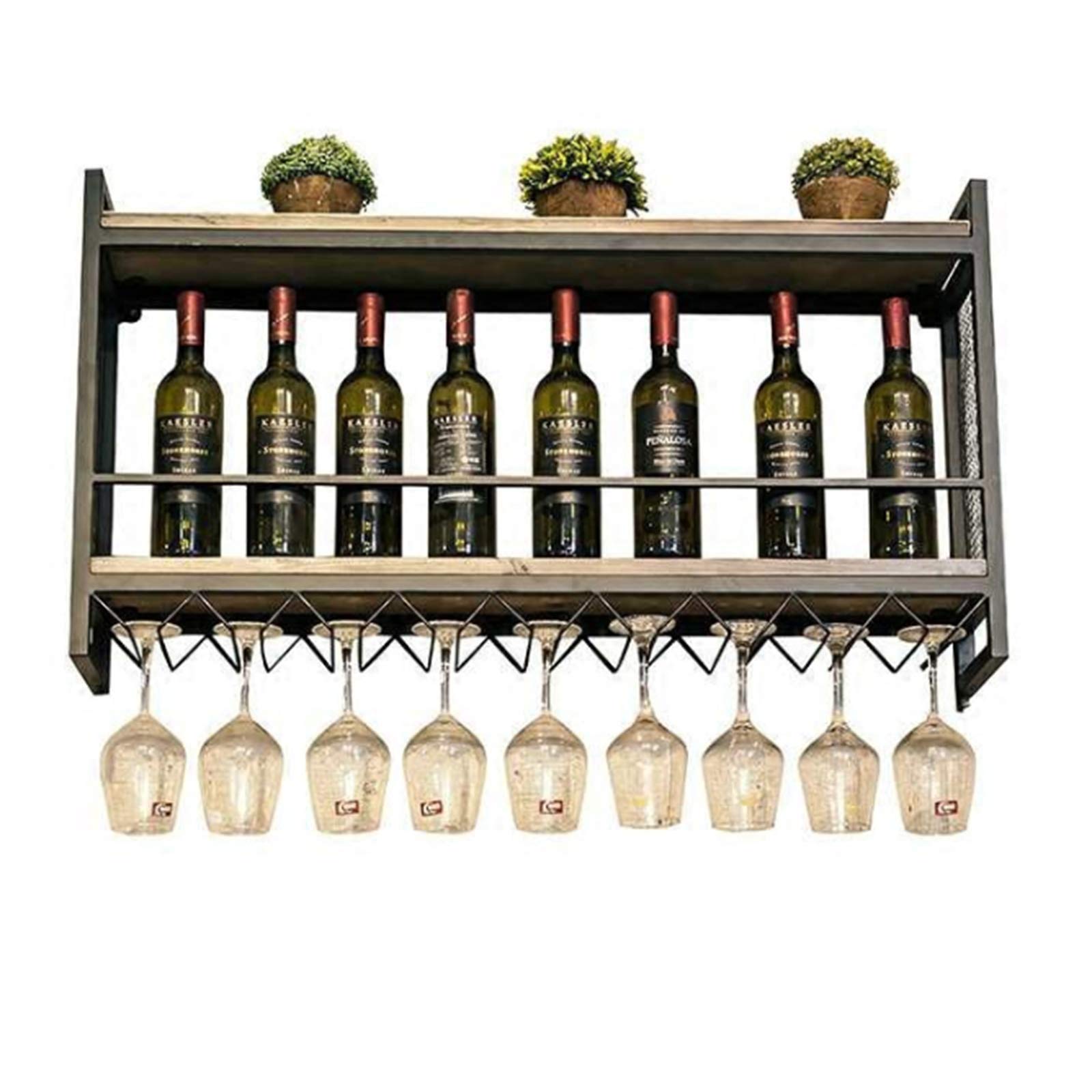 2-Tier Wall Mounted Metal Wine Rack with Stem Glass Holder - Space-Saving Hanging Wine Bottle Organizer for Kitchen, Living Room & Home Decor (60x20x55cm) - Perfect for Small Spaces & Wine Enthusiasts