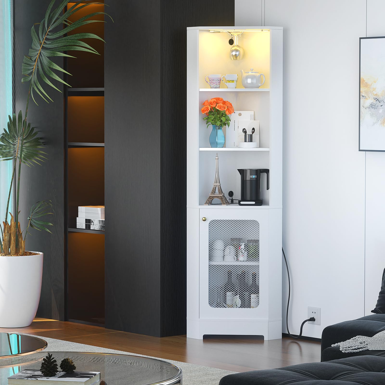 5-Tier White Corner Shelf with Power Outlet & LED Light - Glass Holder Storage Cabinet for Living Room, Kitchen, Bar - Space-Saving Display Unit for Small Spaces & Home Decor