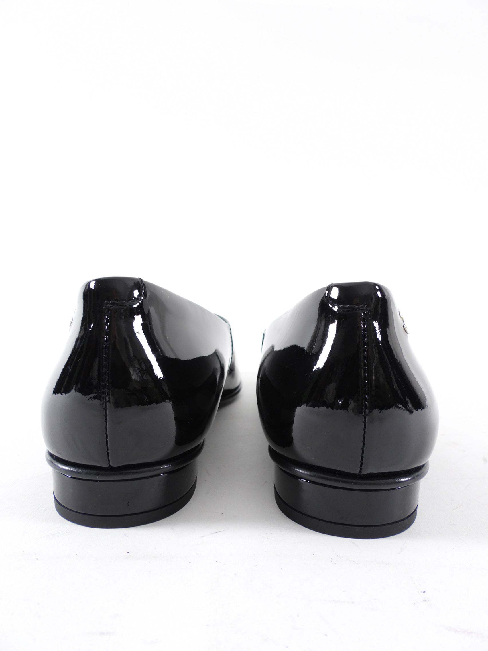 Chanel 25C Black Patent Leather Flat Slip-On Shoes Size 37.5 | Women's Luxury Ballet Flats for Everyday Wear & Office Outfits