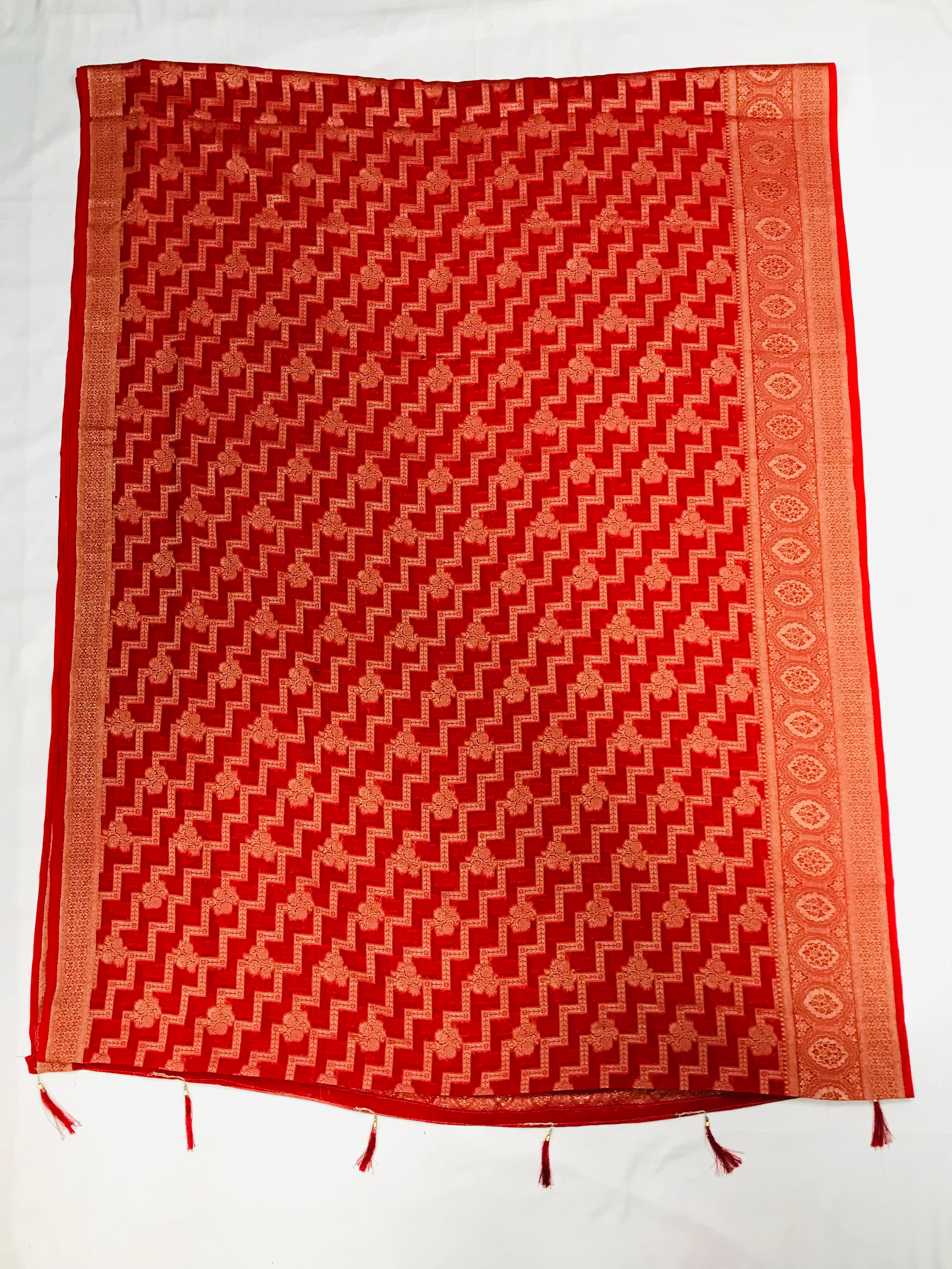 Elegant Red Georgette Designer Saree with Floral Motifs & Fancy Tassels - Perfect for Weddings, Parties & Special Occasions