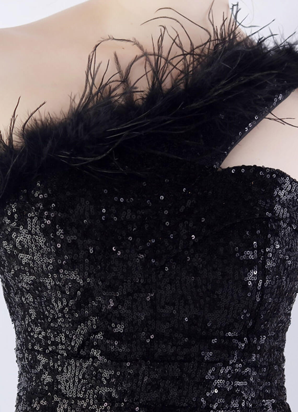 Elegant Black One Shoulder Feather Sequin Mermaid Evening Gown - Perfect for Prom, Gala, Wedding & Formal Events