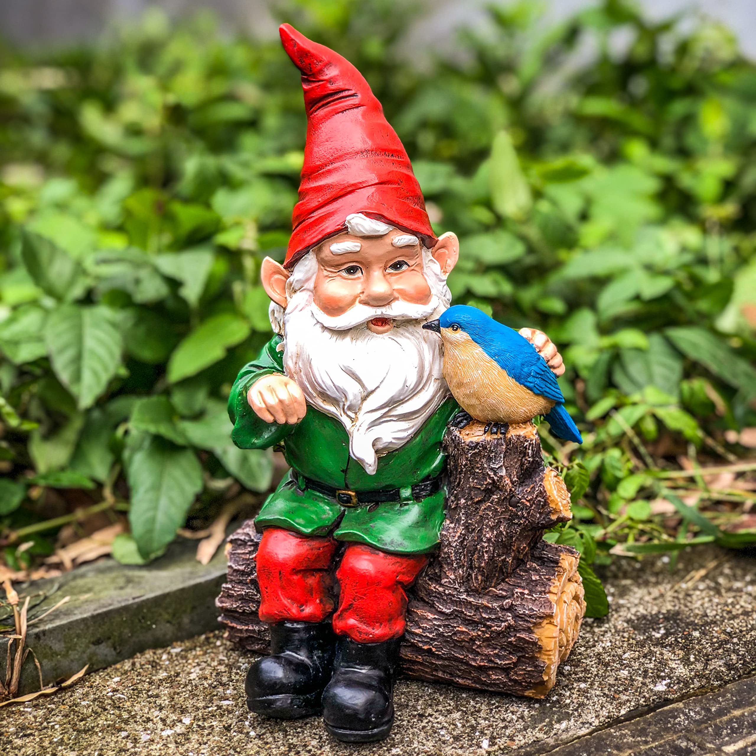 Garden Gnome Statues with Bird - Resin Sculpture Gnome Sitting on Stump - Outdoor Decor for Yard, Patio & Lawn - Perfect for Garden, Backyard & Landscape Decoration