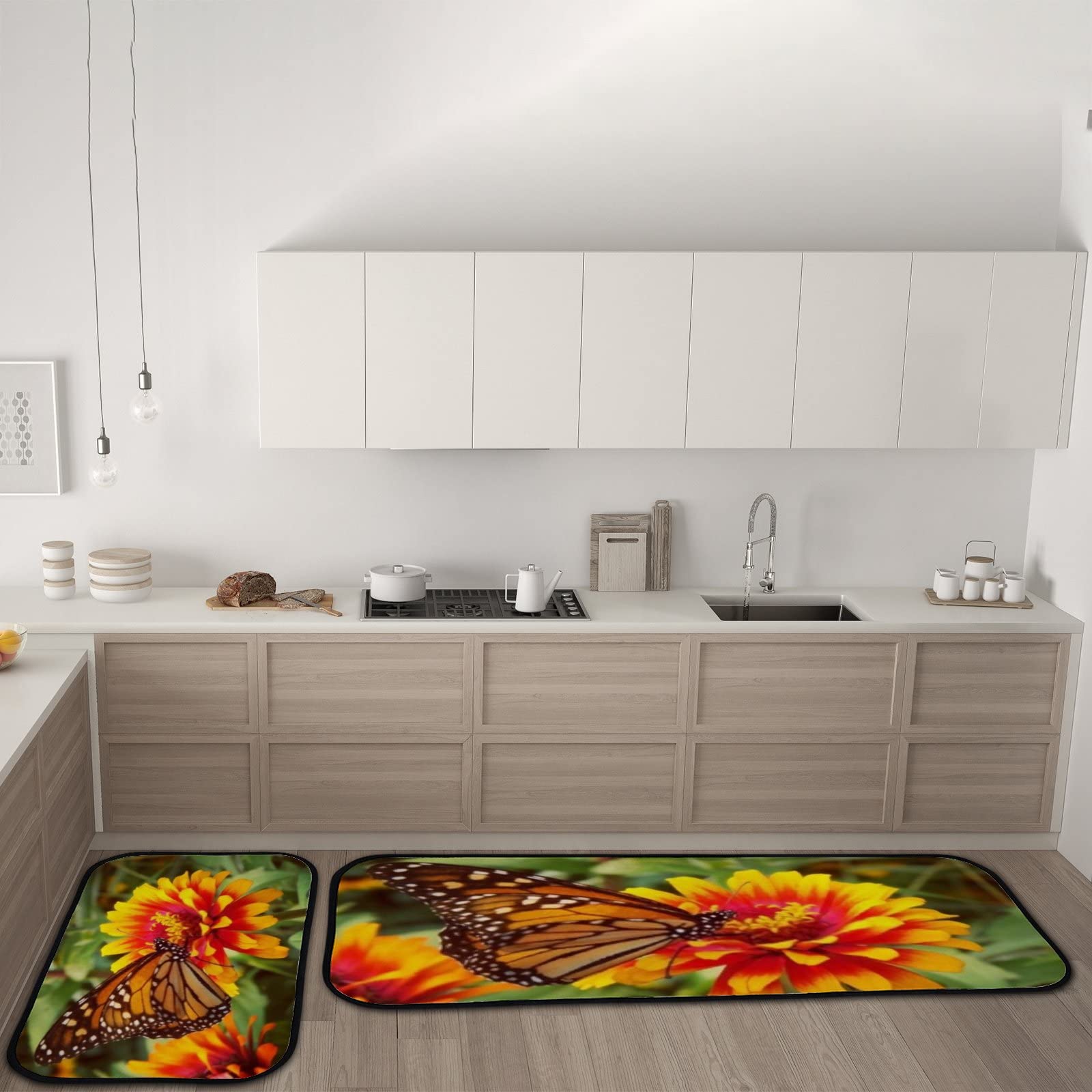 2-Piece Non-Slip Anti-Fatigue Kitchen Rugs Set - Washable Monarch Butterfly Flower Design Floor Mats for Comfortable Standing - Perfect for Kitchen, Home, and Office Use