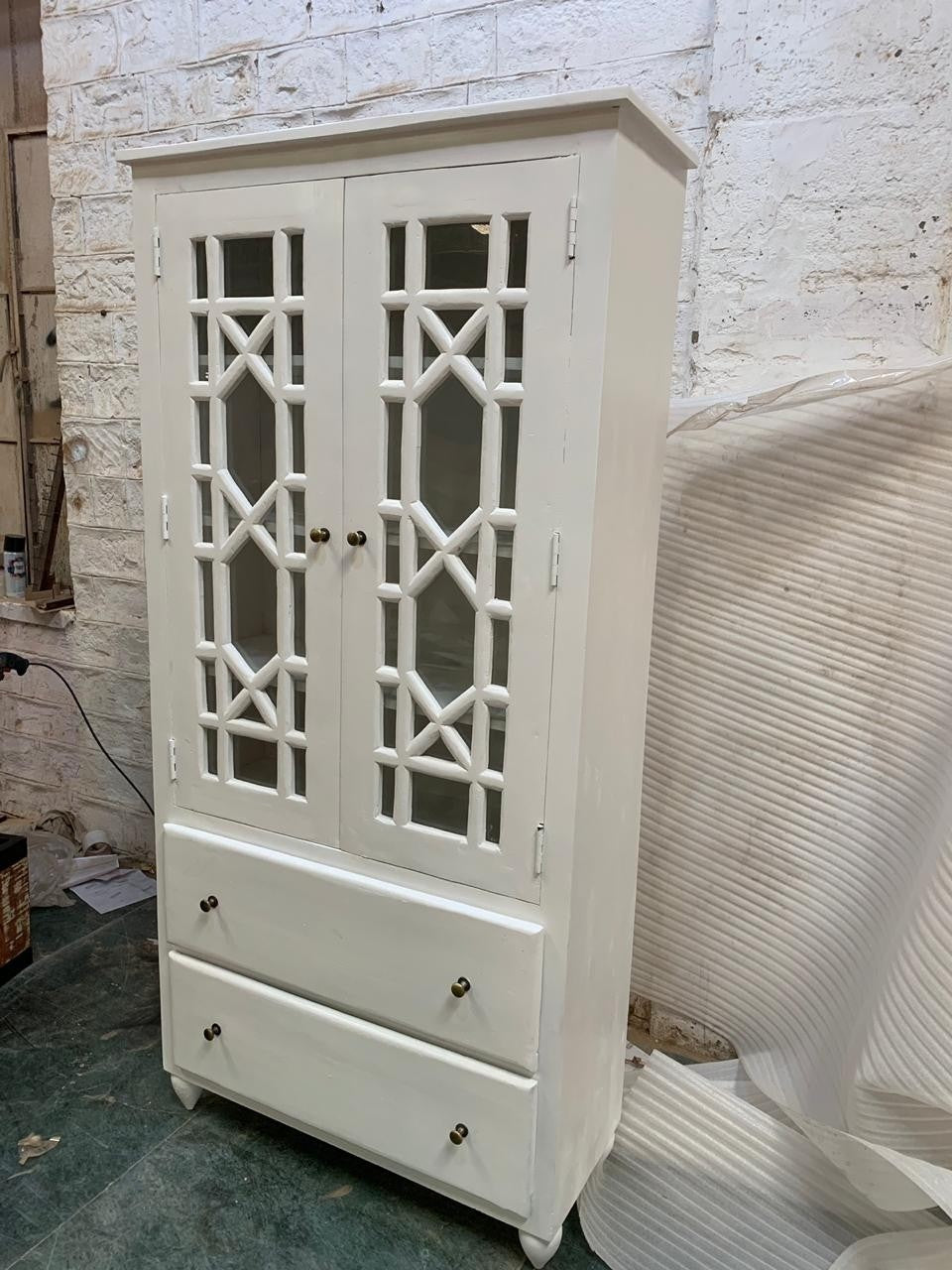 Hand Carved Indian Mango Wood Cabinet with French Arched Doors - White | Rustic Farmhouse Storage for Living Room, Bedroom & Entryway
