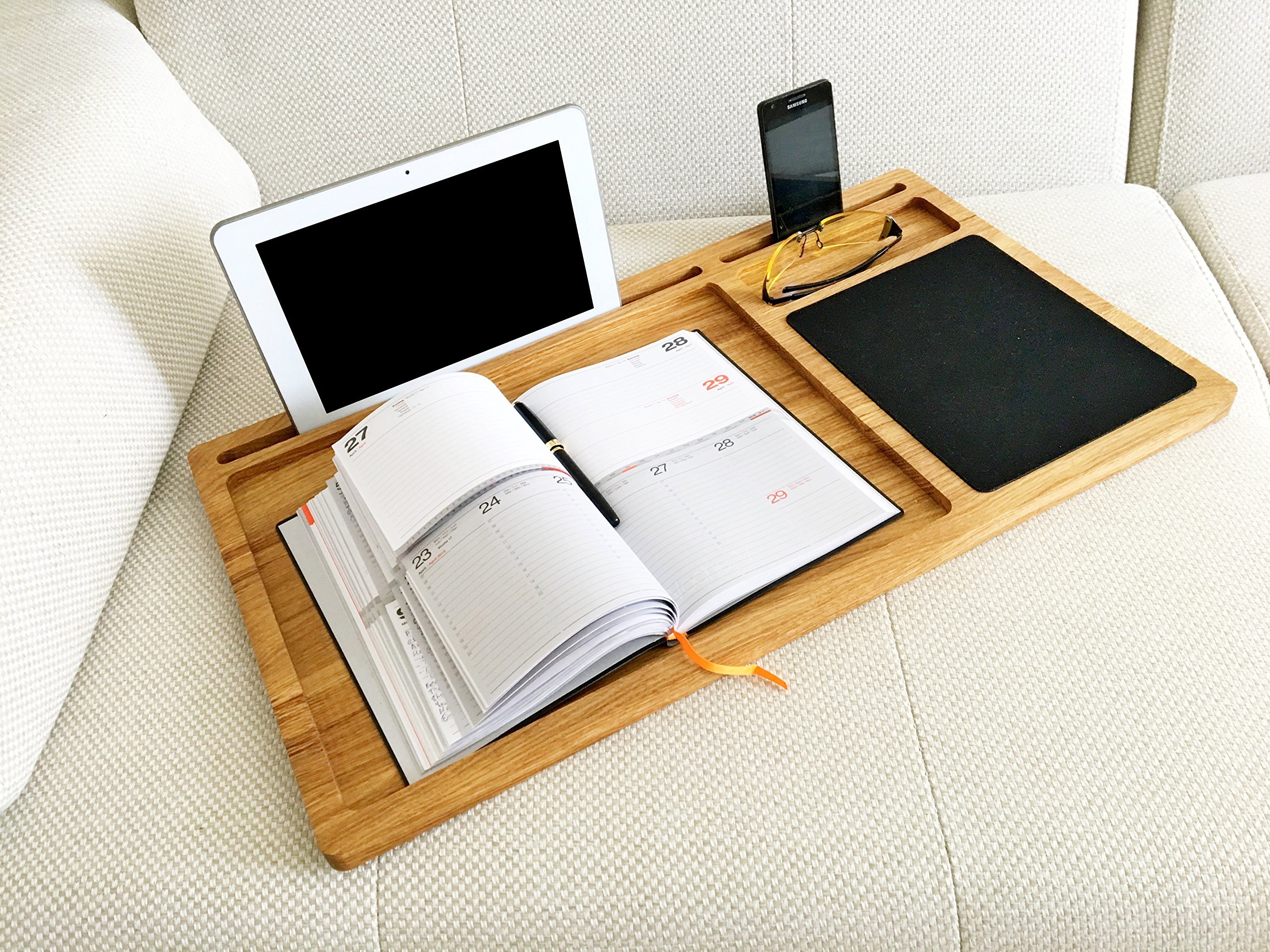 Personalized Solid Oak Wood Lap Desk with Mouse Pad & Slots for iMac, iPhone, Laptop Stand | Portable Workstation for Office, Home, Bed, Couch | Perfect Gift for Men, Women, Professionals & Students