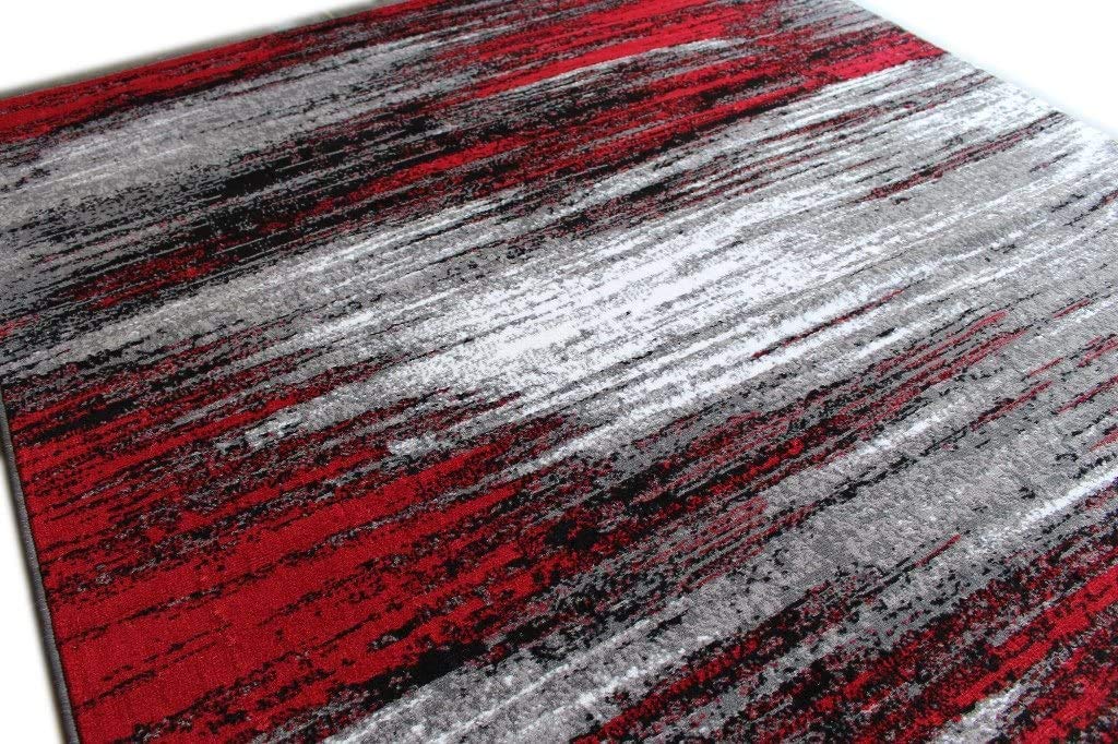 Large Modern Abstract Red Grey Black Area Rug 5’3”x7’5” - Soft Living Room Rug, Office & Kitchen Carpet - Perfect for Home Decor, Workspace & Dining Areas