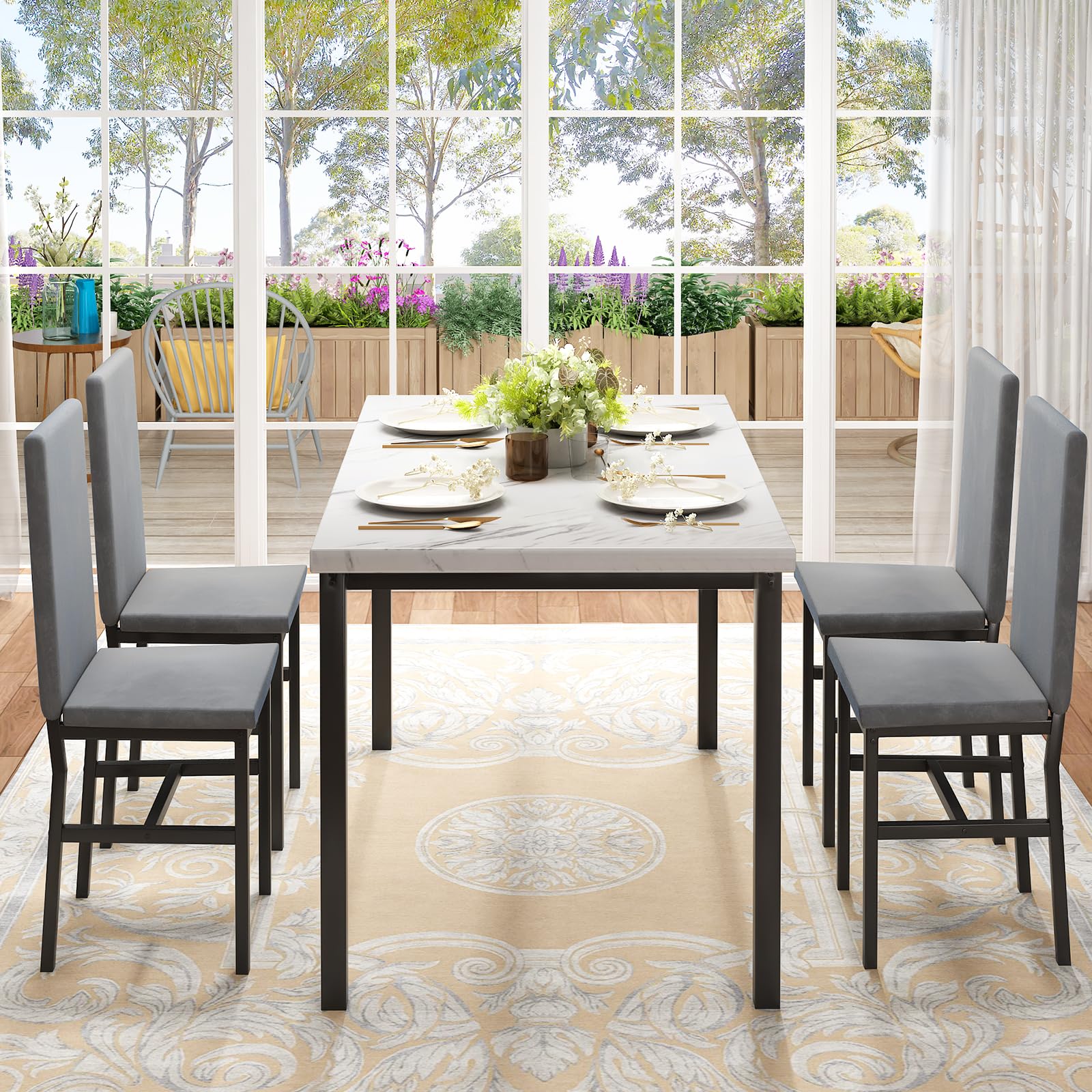 Modern 5-Piece Dining Table Set for 4 with Faux Marble Top & Velvet Chairs - Space Saving Kitchen Table and Chairs for Small Spaces, Apartments (Grey) | Perfect for Breakfast Nooks, Studio Apartments & Cozy Dining Areas