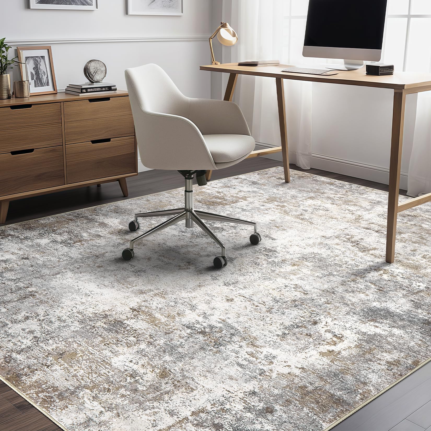8x10 Washable Modern Abstract Area Rug - Soft Non-Slip Indoor Floor Carpet for Living Room, Bedroom, Dining Table & Home Office - Neutral Brown Grey Home Decor Rug - Perfect for Cozy Spaces, Family Gatherings & Stylish Interior Design