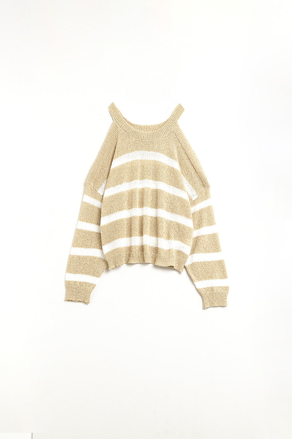 Beige Striped Off-Shoulder Pullover Sweater - Women's Casual Knit Top for Fall & Winter Layering | Perfect for Date Nights, Office Wear, and Weekend Outings