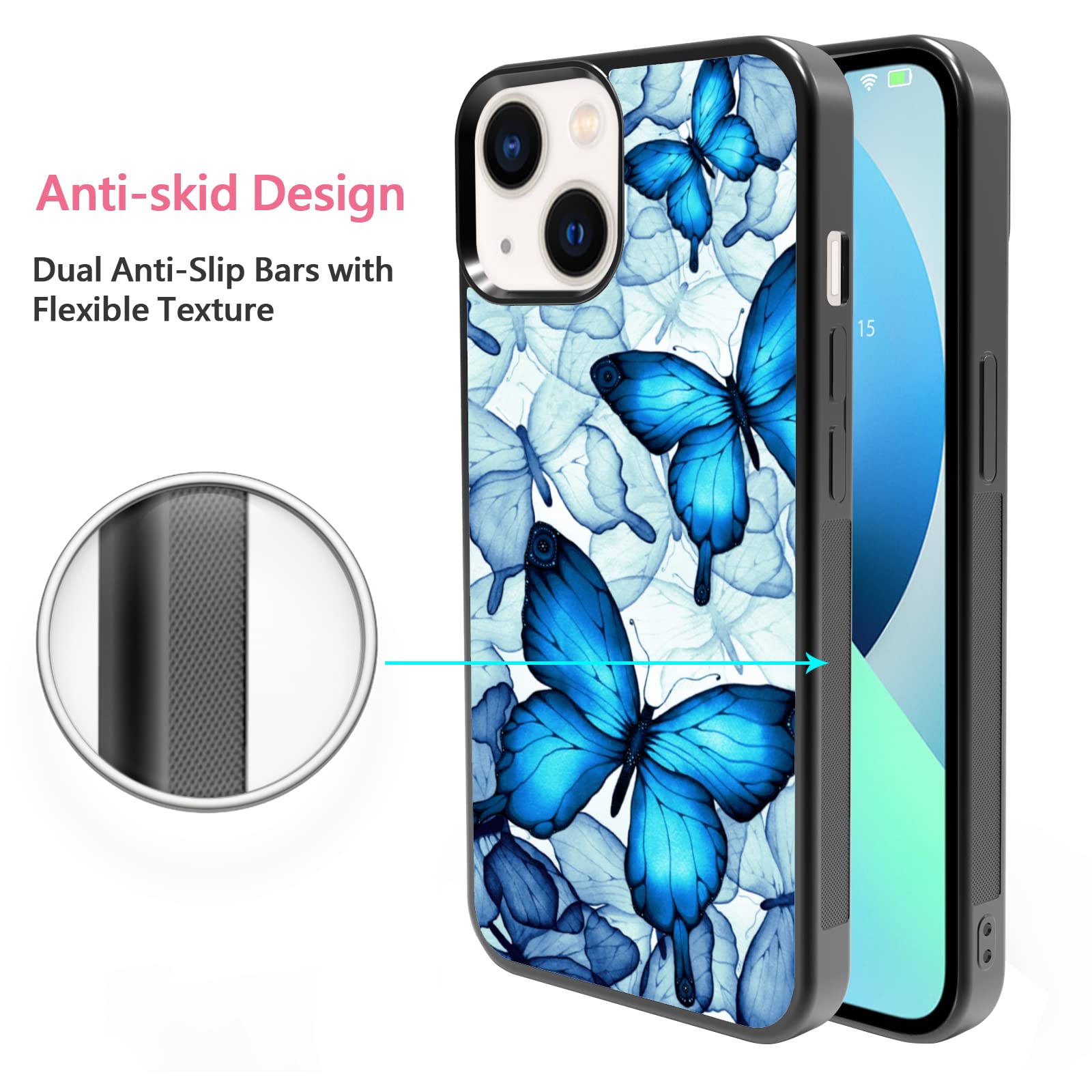 Shockproof Blue Butterfly Phone Case for iPhone 13 (6.1 Inch) - Cute Protective TPU Case Cover for Women & Teens - Perfect Gift for Girls, Birthday & Daily Use