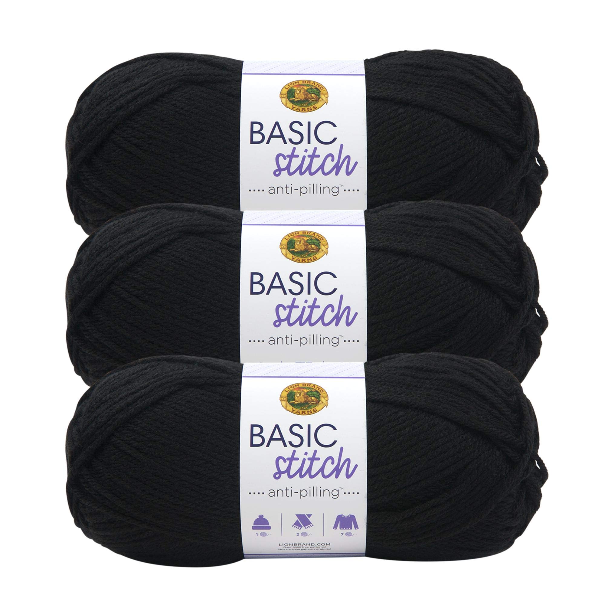 Lion Brand Yarn Basic Stitch Anti-Pilling Knitting & Crochet Yarn - 3-Pack Black - Perfect for Scarves, Hats & Blankets