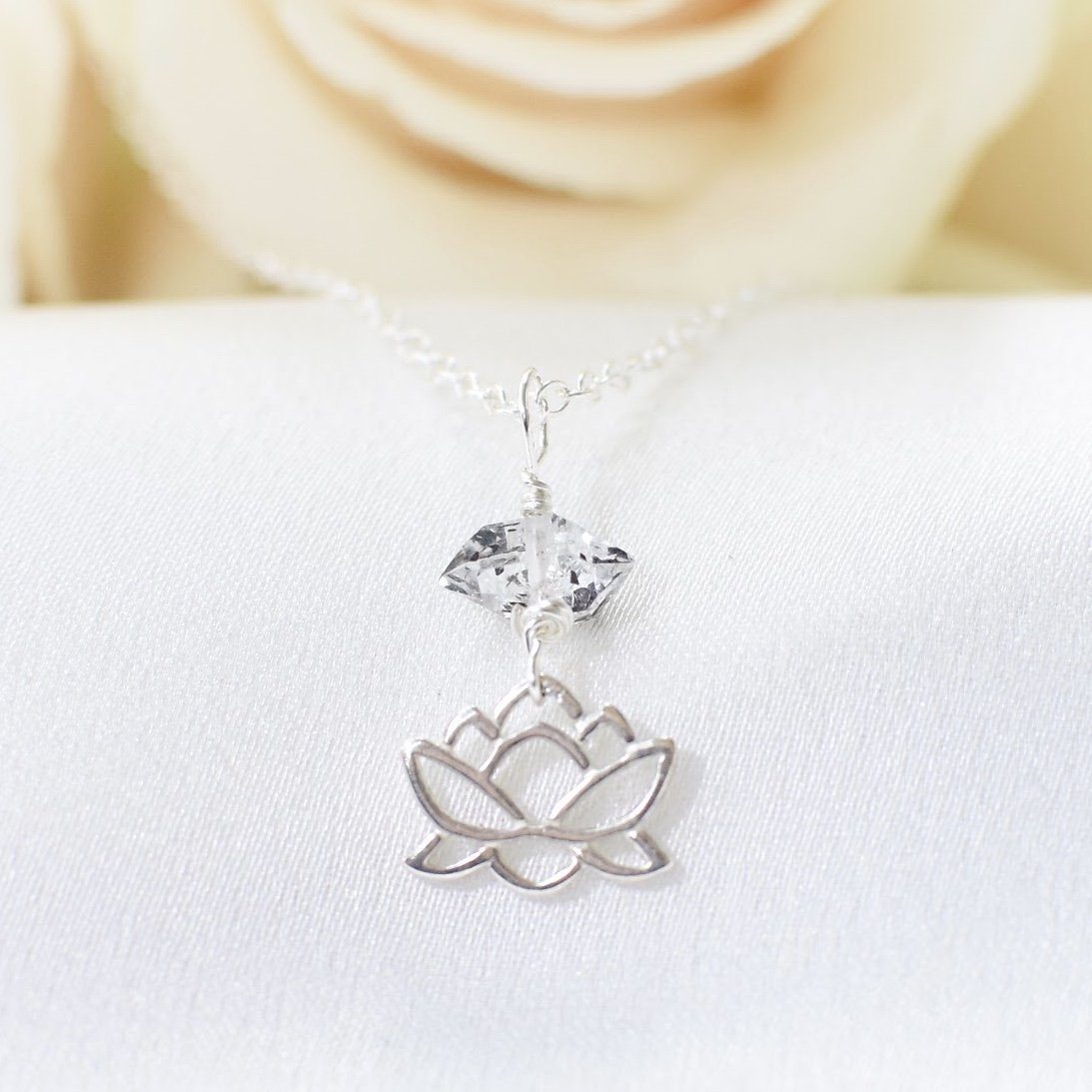 Herkimer Diamond Beaded Lotus Charm Necklace - Sterling Silver Jewelry for Women - Perfect for Meditation, Yoga & Spiritual Healing