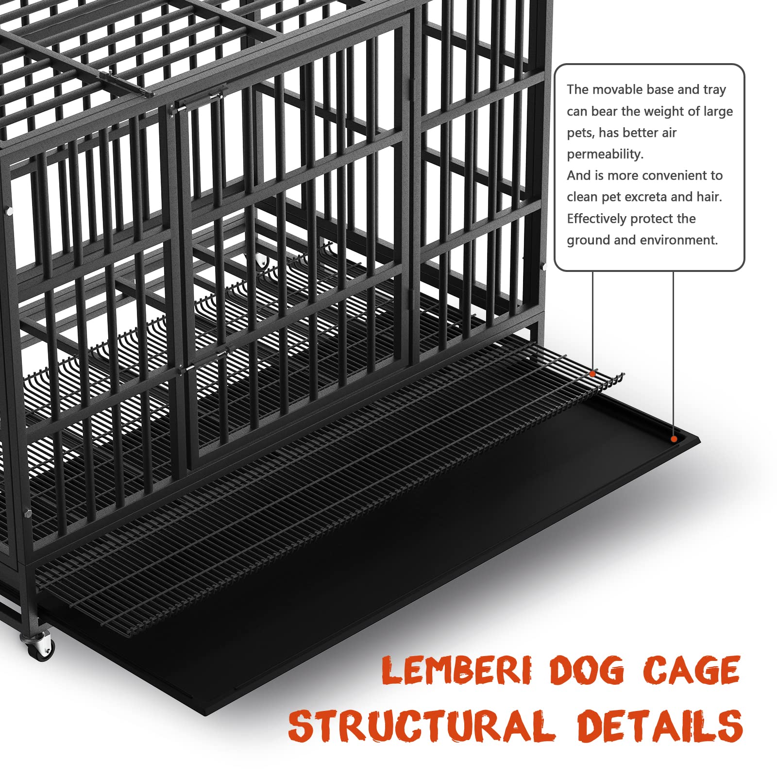 LEMBERI 48/38 Inch Heavy Duty Indestructible Dog Crate - Escape Proof Metal Dog Cage Kennel with Lockable Wheels & Removable Tray - High Anxiety Double Door Design for Large Dogs - Perfect for Home, Travel & Vet Visits